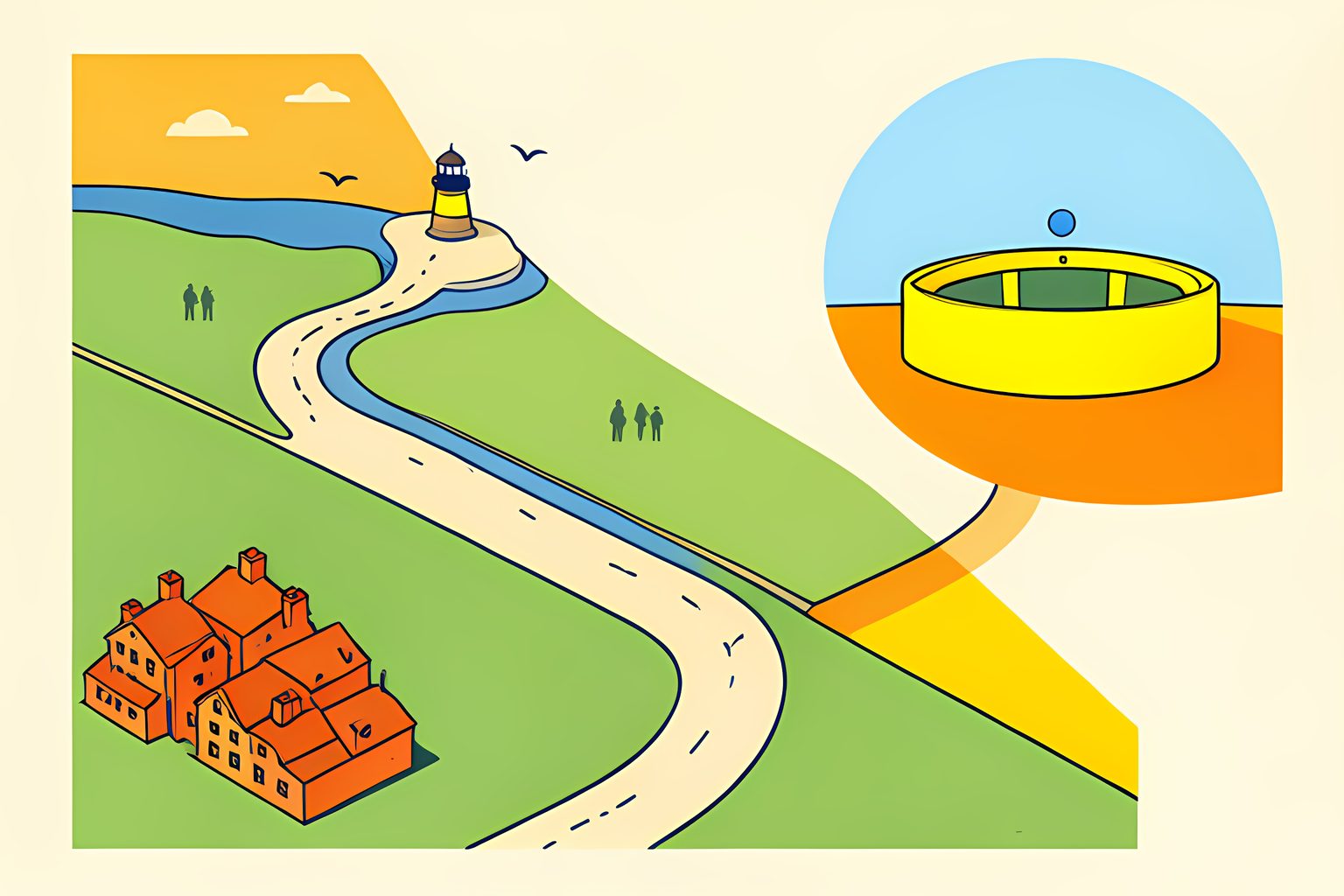 Illustrated map of a warm stylized landscape with two winding paths leaving the same small town, one running straight across green fields and one looping north along a coastline, both meeting at a distant yellow stadium.