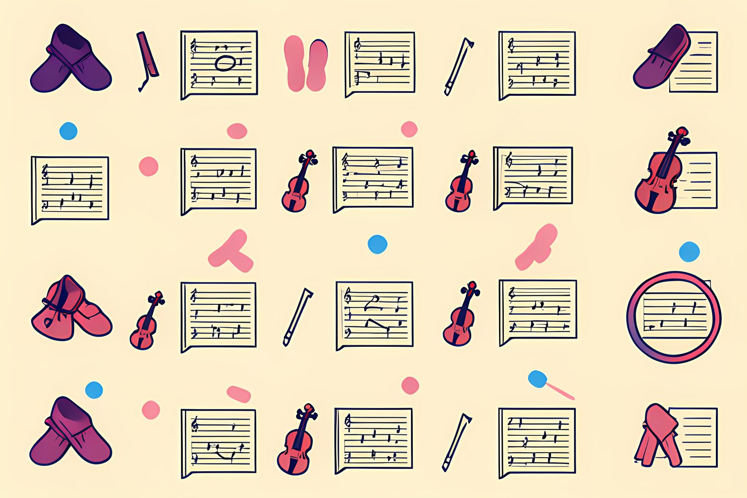 A pattern of blank sheet-music pages, dance slippers, a violin bow and one gently rolling hula hoop on cream, with no people or text.