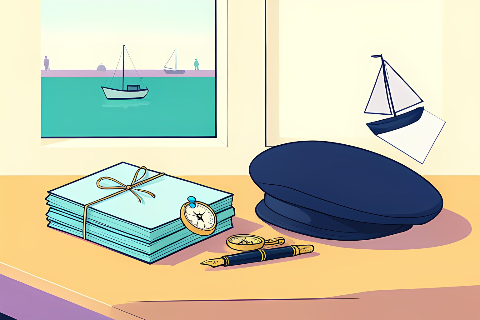 A still life on a sunlit wooden desk: a neat stack of blank pale blue postcards, a brass ship's compass, a fountain pen and a small folded sailor's cap, with a window behind showing grey-green sea.