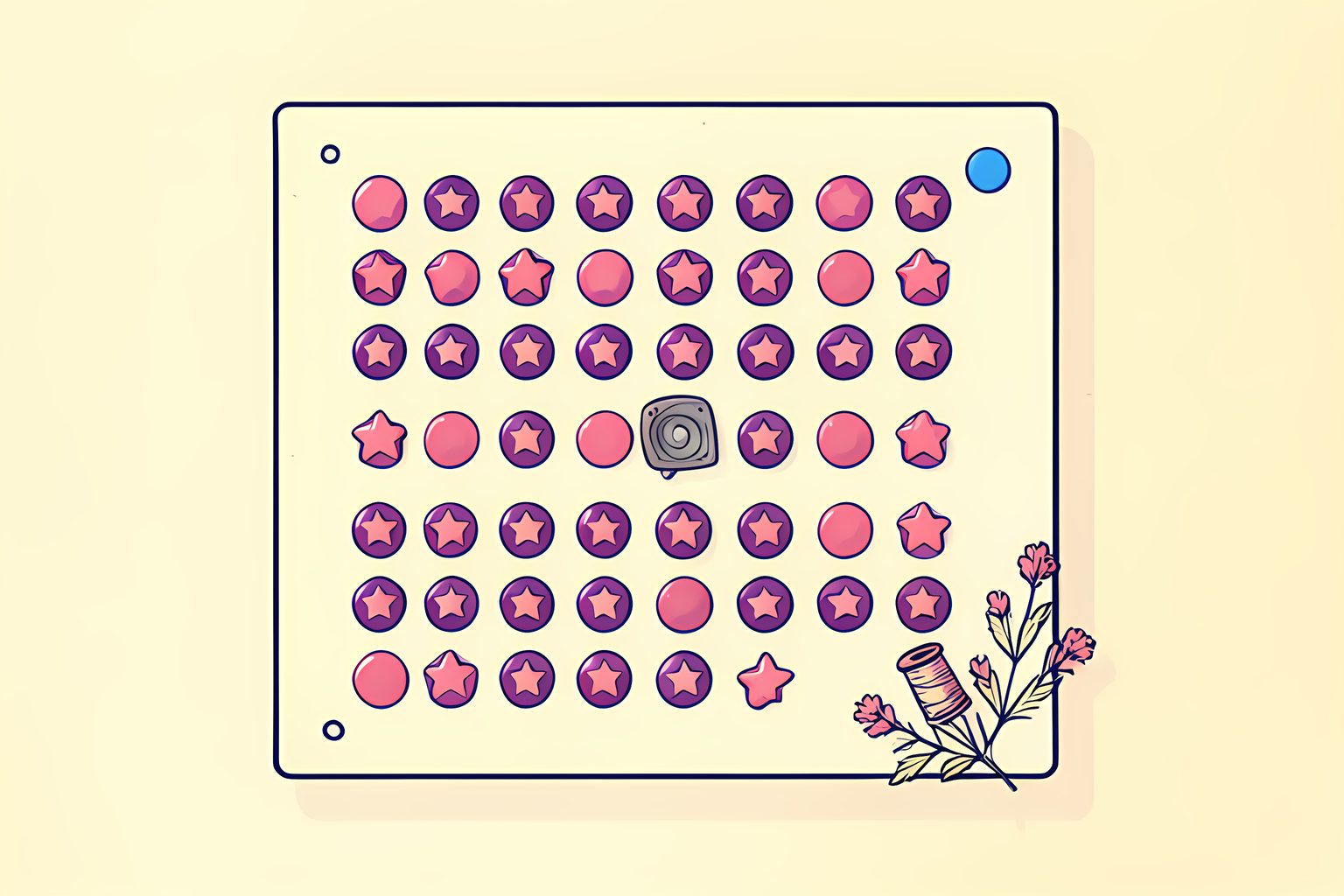 Illustration of a long row of identical small round enamel pins on a cream board, with one pin shaped like a tiny muted speaker breaking the pattern