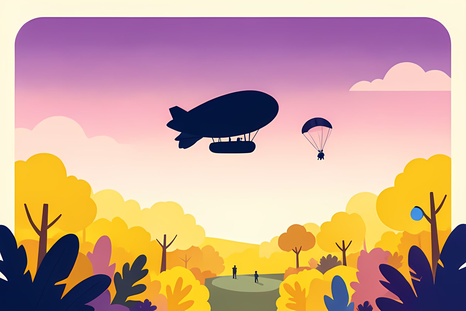 An unmarked airship drifting above a dense jungle canopy at sunrise, with a tiny silhouette parachuting down toward a hidden clearing below.
