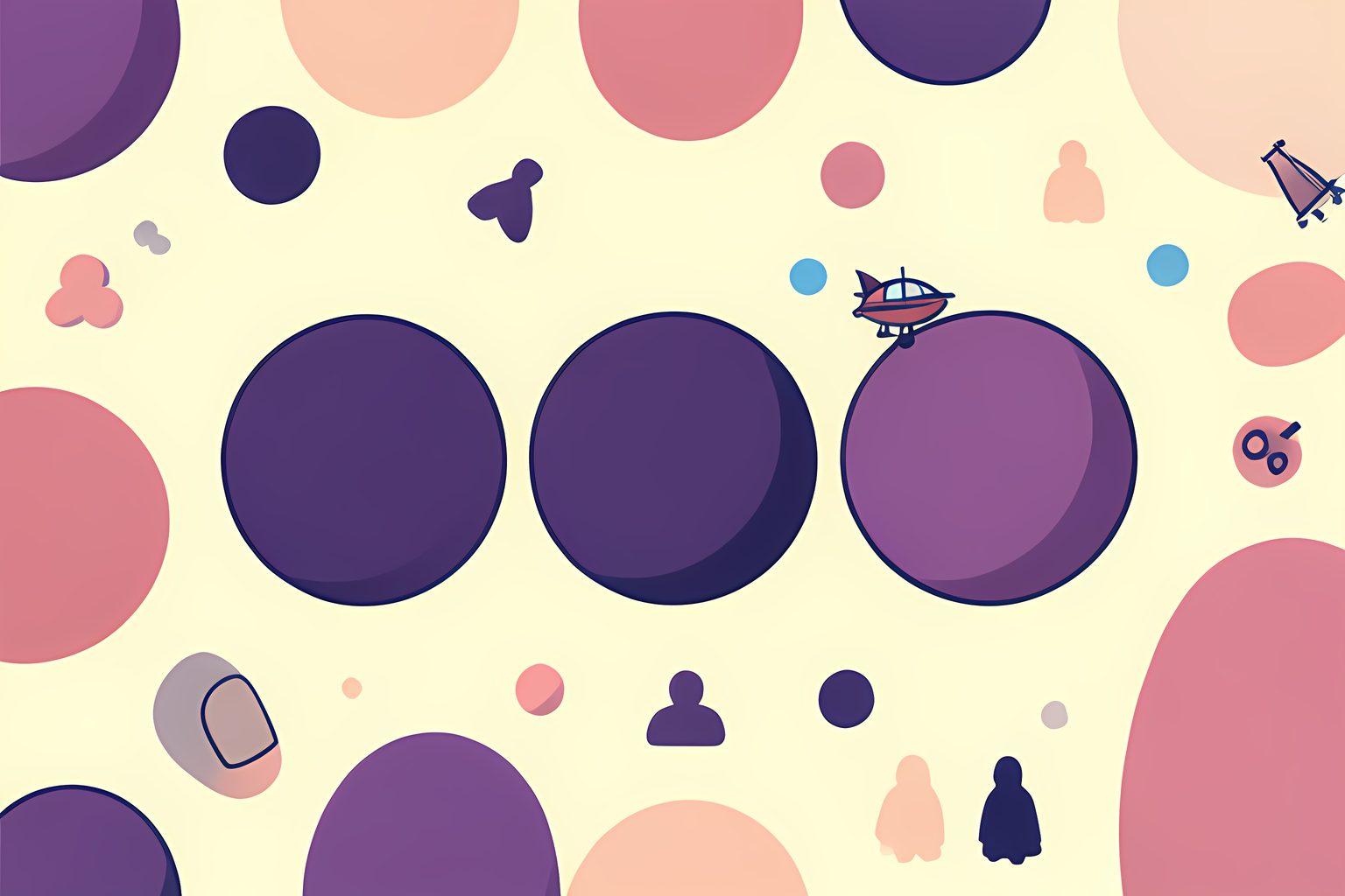 Three blank disc-shaped objects of increasing size arranged in a row, with the largest one circled by a tiny airship instead of sitting still like the others.