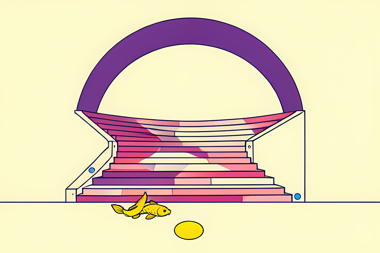 An empty sunlit staircase of plum and pink geometric fragments with two gold koi motifs and a yellow viewing circle.