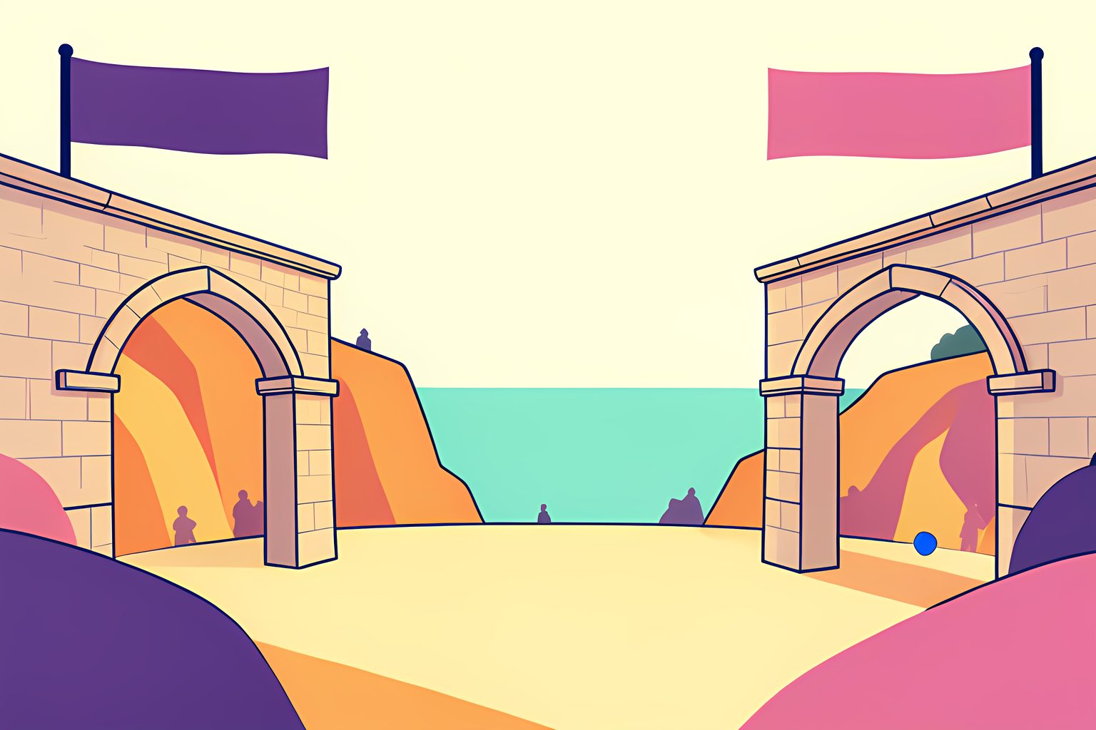 A sunlit coastal arena overlooking turquoise Mediterranean waters with terracotta arches and vibrant festival banners.