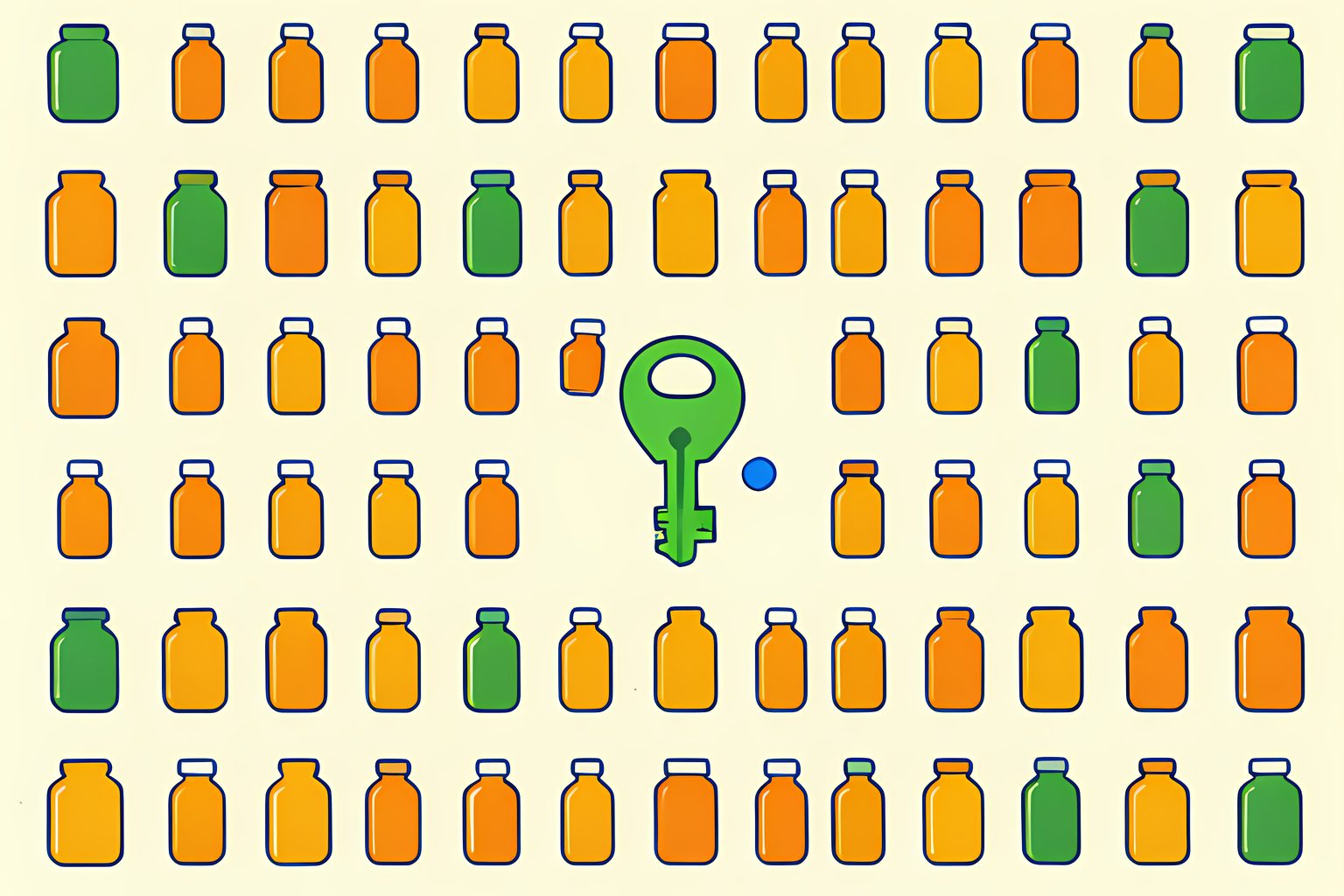 A geometric grid of amber transit tokens and medicine bottles centered around a single glowing green key on a cream field.