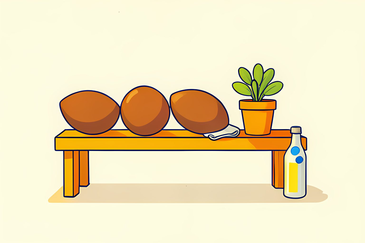 Five plain brown footballs lined up on a low wooden bench in warm side light, one tipped slightly out of line, beside a folded towel and a small potted plant.