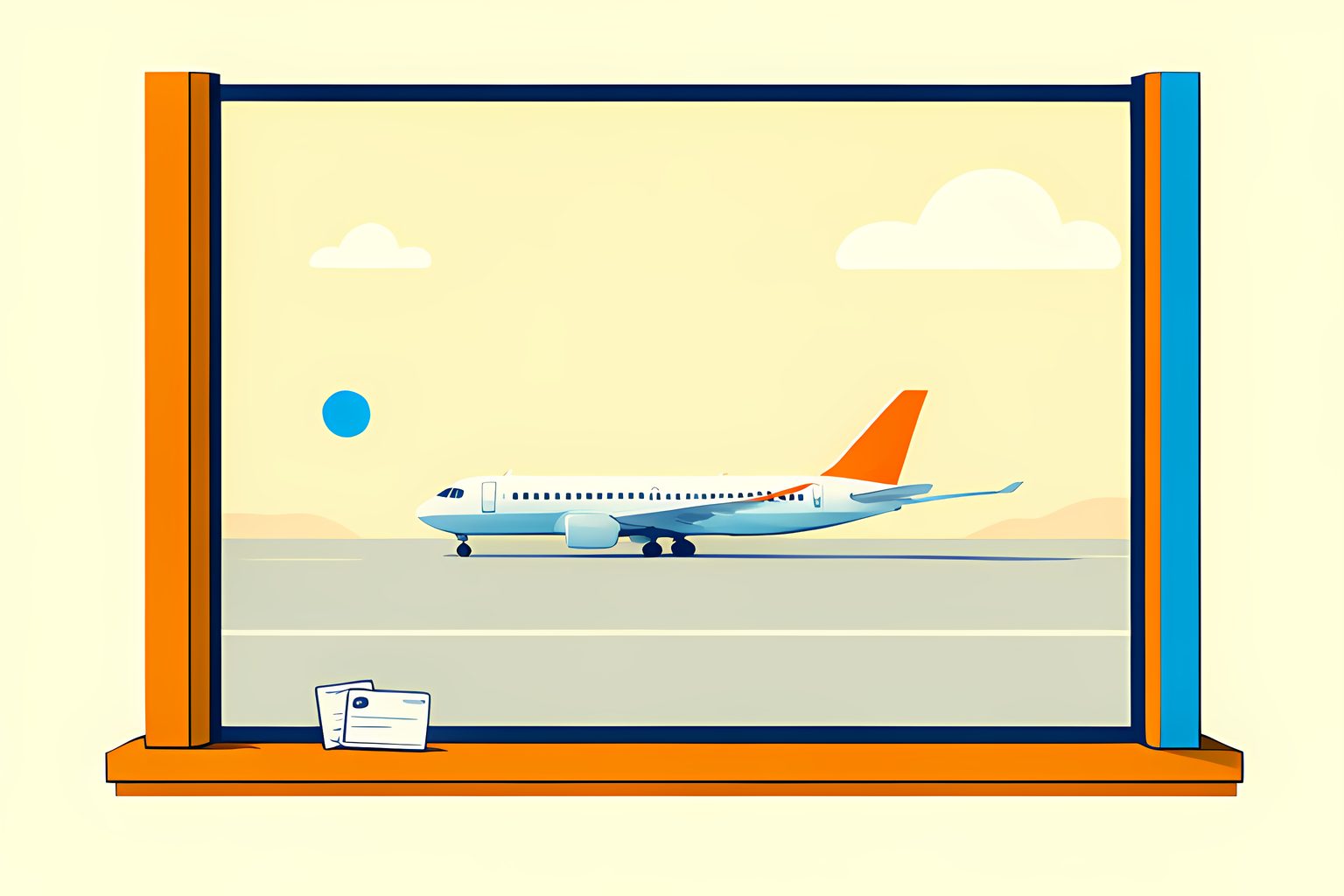 A wide airport terminal window looking out over an empty tarmac at a single parked plane, under a big warm sky, with one small blue dot near the glass.