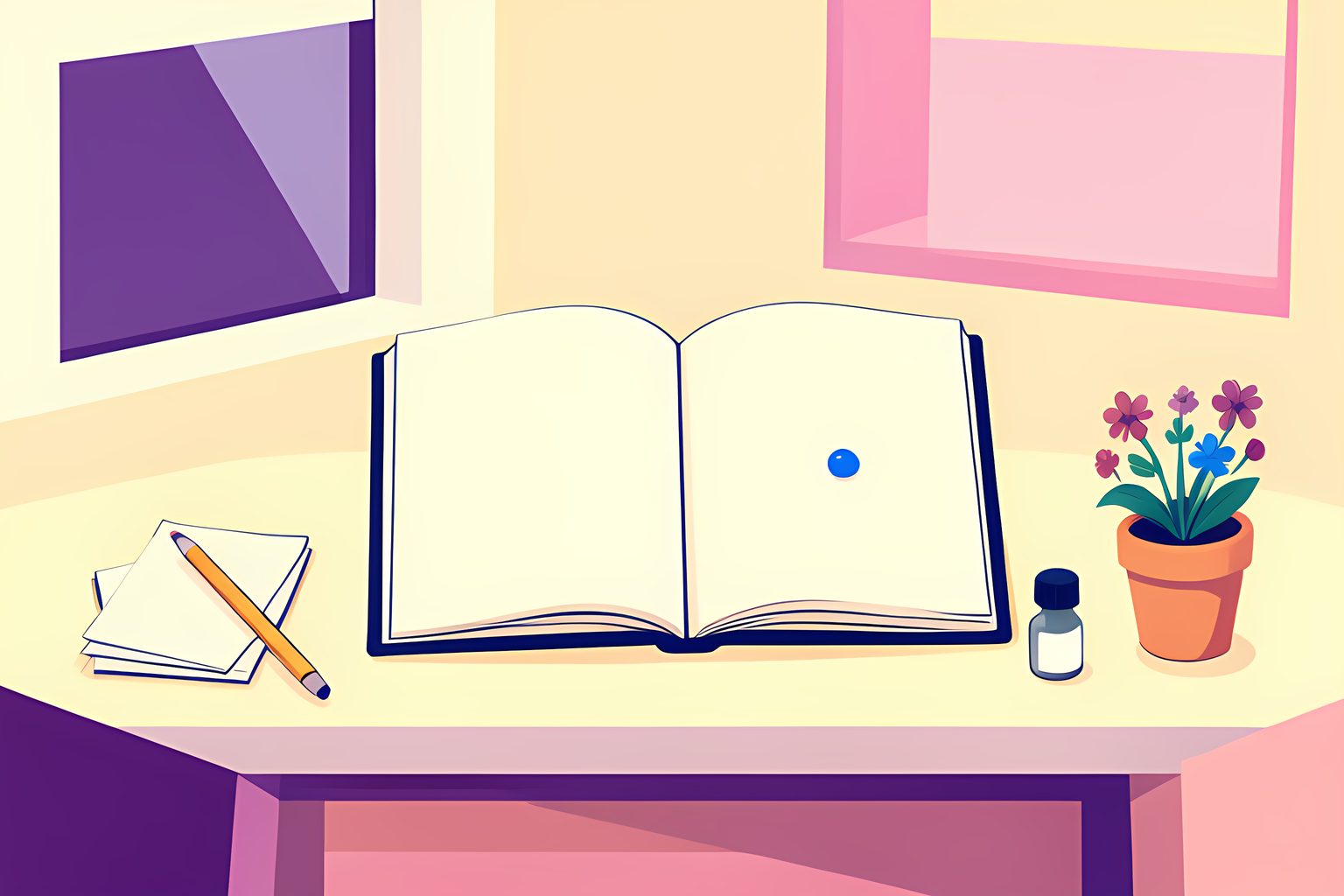 A stylized open notebook with blank facing pages, a pencil, folded blank letters and a sunny window beyond.