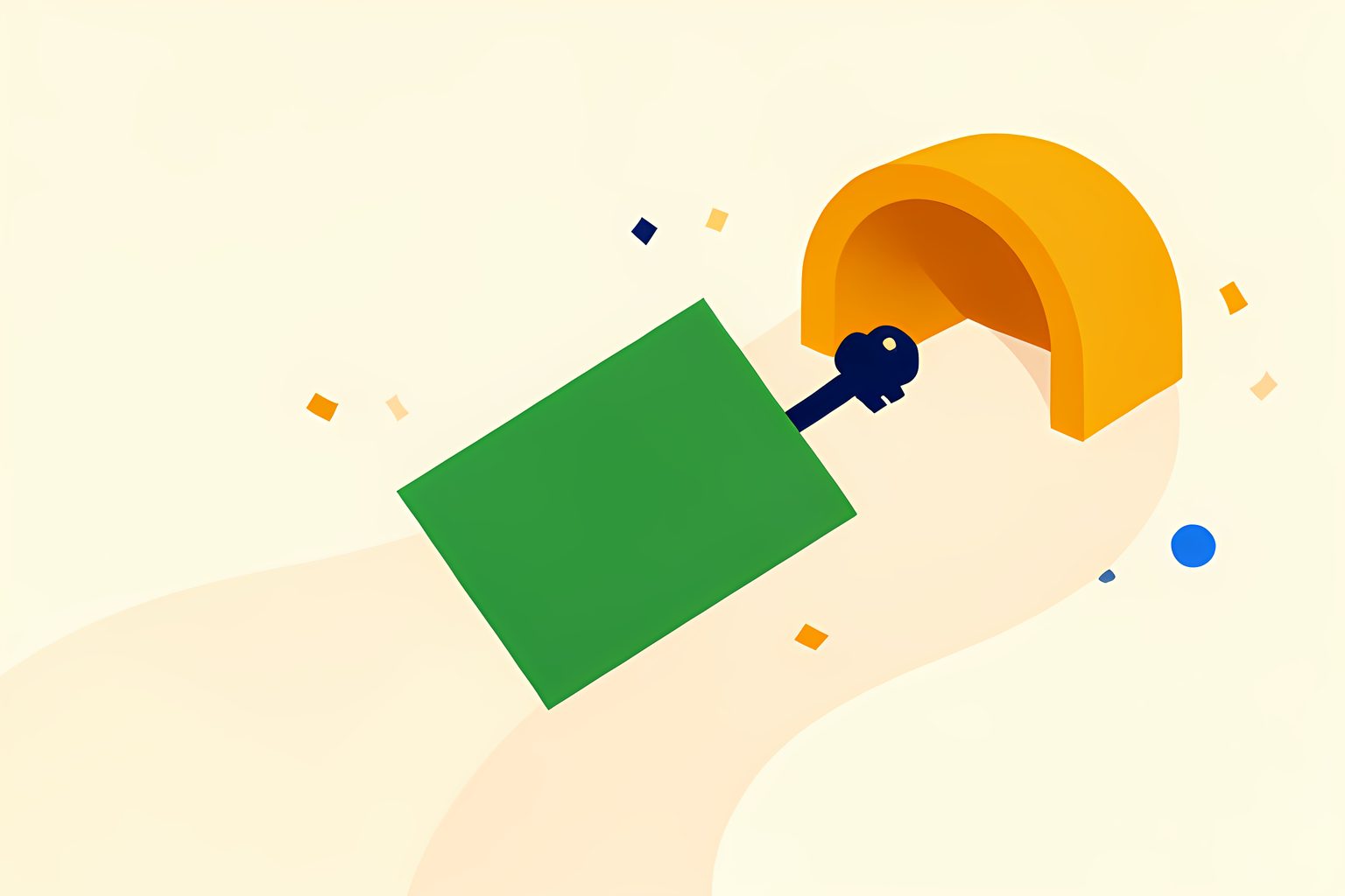 A text-free, person-free diagram-like scene of a blank order card moving along a graceful forest-green path through two small amber vault shapes toward a plain key-shaped object, with a tiny blue dot on a warm cream background.