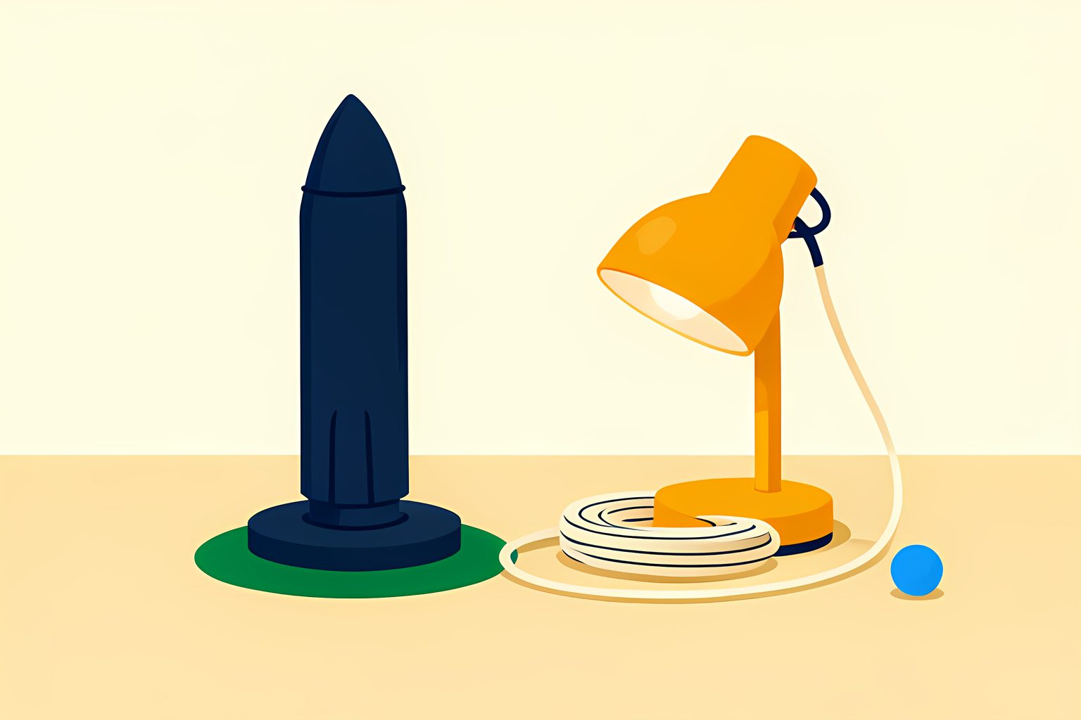 A bright stylized reusable rocket booster standing on a plain ocean landing platform with gentle waves, a distant tugboat and a small blue dot in the sky.