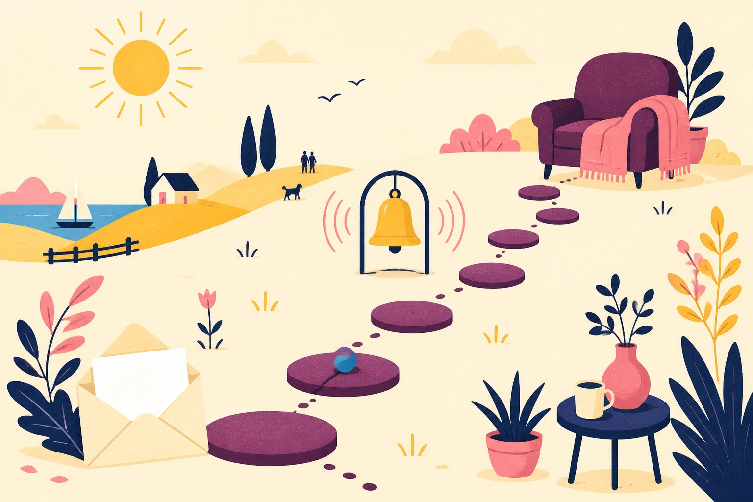A glowing path of small stepping stones leading from a blank envelope to a little ringing bell and then to a cozy armchair, drawn as a sunny abstract flow.