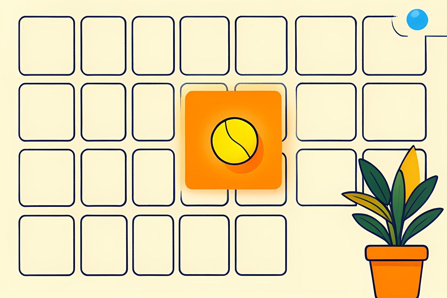 A wall of plain blank calendar squares in neat rows, with one square glowing orange and a tennis ball resting in it.
