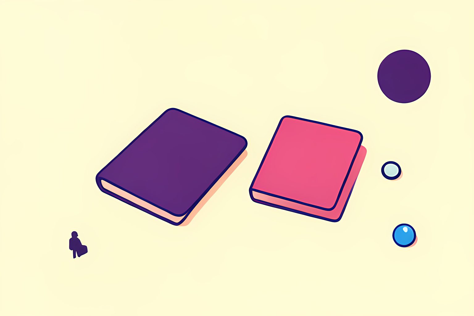 A warm, text-free still life of a blank remote, a small closed notebook and a tiny blue glass bead beside four miniature unmarked screens.