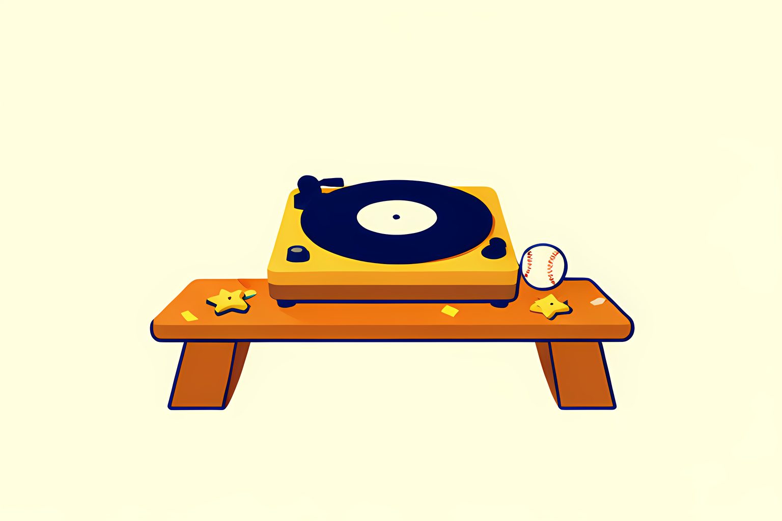A sunny still life of a small vintage record player on a low wooden bench, a baseball resting against it and paper confetti scattered across the bench.