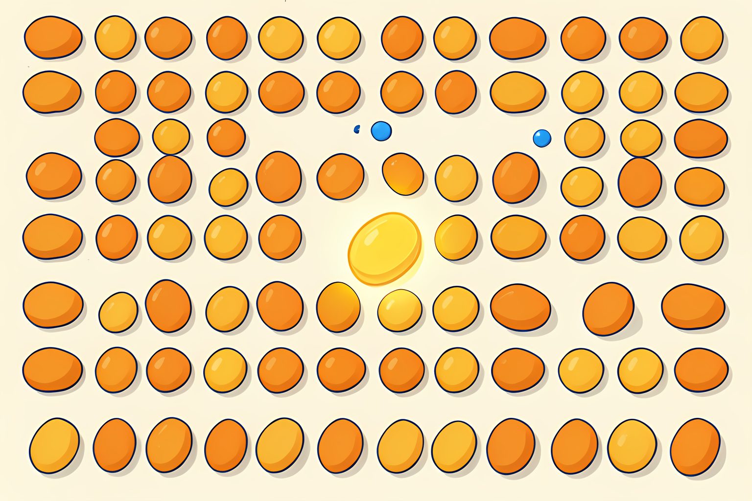 A flat pattern of neat rows of small white football-shaped tokens on a cream field, with one golden token tilted out of line and half of it glowing as if being handed back.