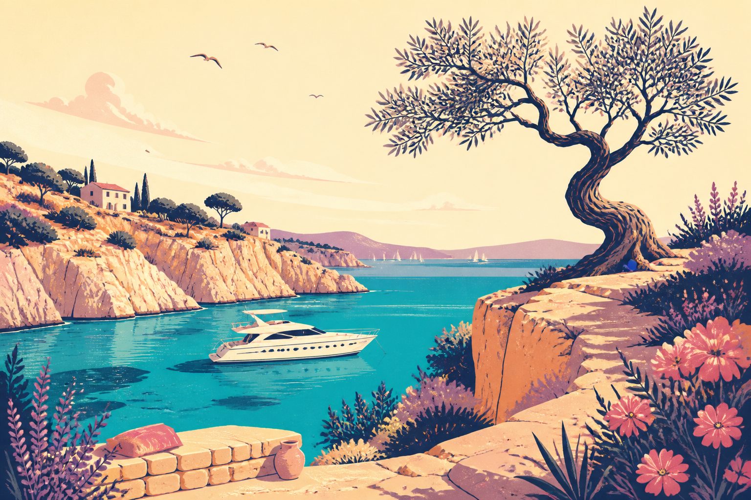 A sun-drenched Mediterranean coastline in Mallorca with limestone cliffs, turquoise water, an olive tree on the bluff, and a sleek yacht resting in a calm cove.