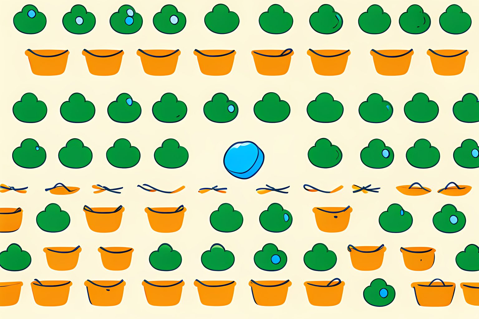A text-free pattern of small green fund tokens and amber baskets, with one bright blue token rolling gently out of the repeating row.