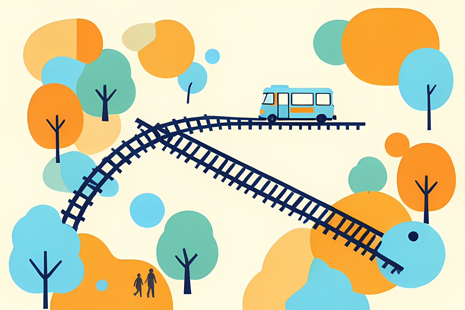 A text-free editorial map scene of two separate curving rail paths joining Brooklyn and Queens across small bridges, trees and a blank blue light-rail car on a warm cream background.