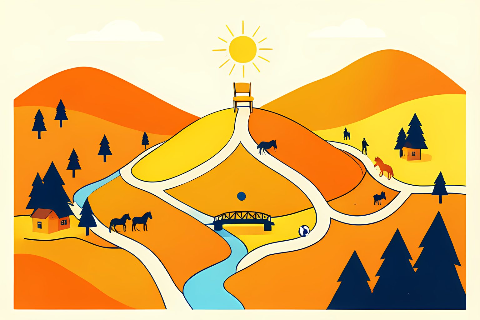 A stylized map-like landscape of rolling hills and rivers with six small paths winding toward a single golden chair on a hilltop.