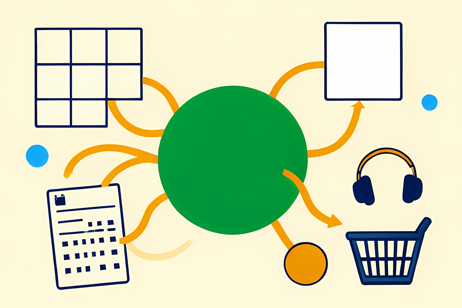 Stylized editorial illustration of a cheerful branching path made from blank puzzle tiles, a plain recipe card, a small ball and a pair of unmarked headphones on a warm cream background.