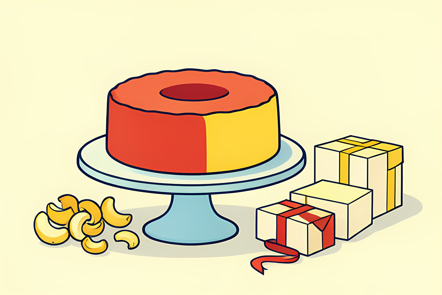 A bright, stylized person-free pattern of blank cream cake boxes, toasted coconut curls and one round frosted Bundt cake on a warm cream background.