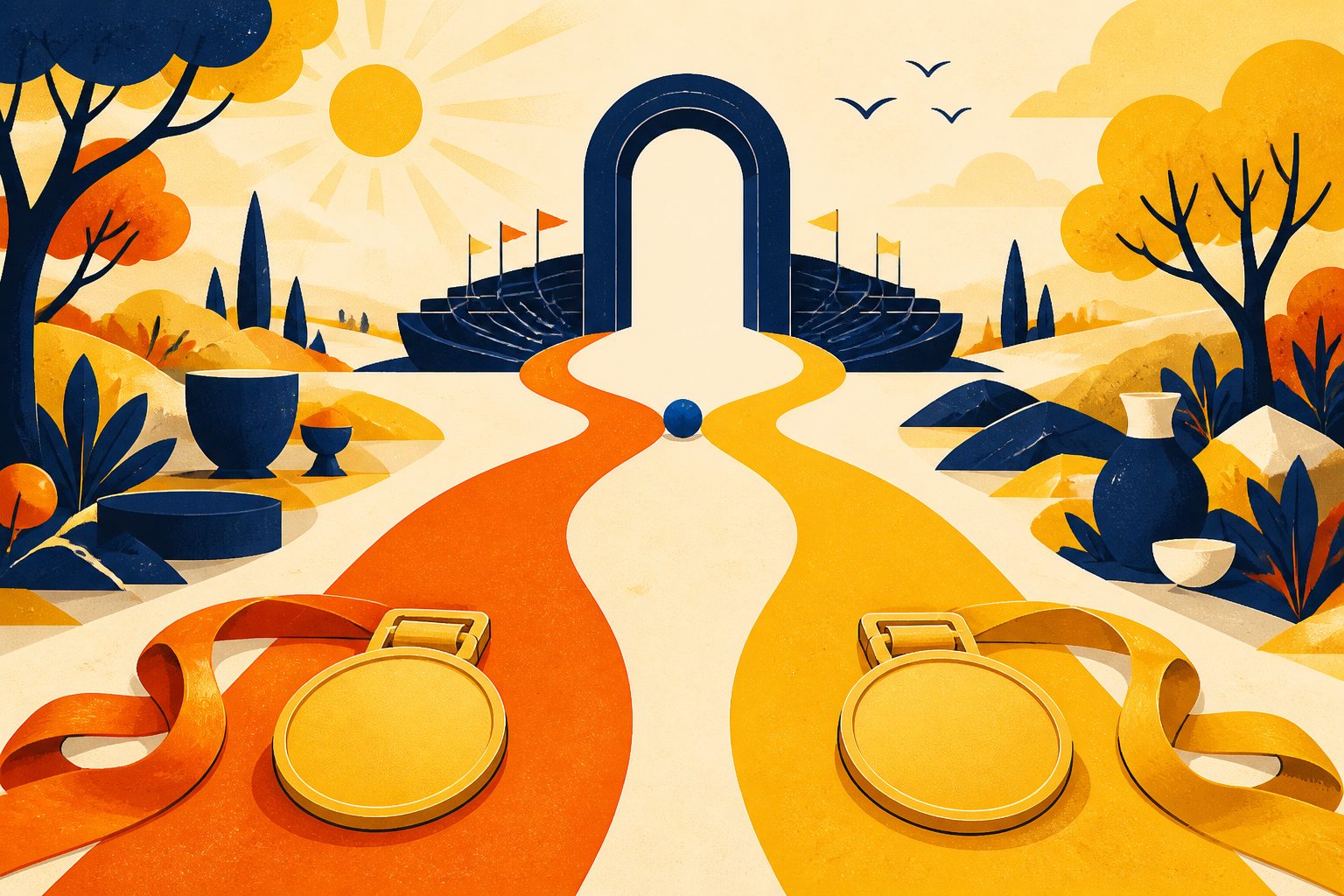 Two blank gold medal shapes travel on separate curved paths toward a simple unmarked navy arena arch on a cream background.