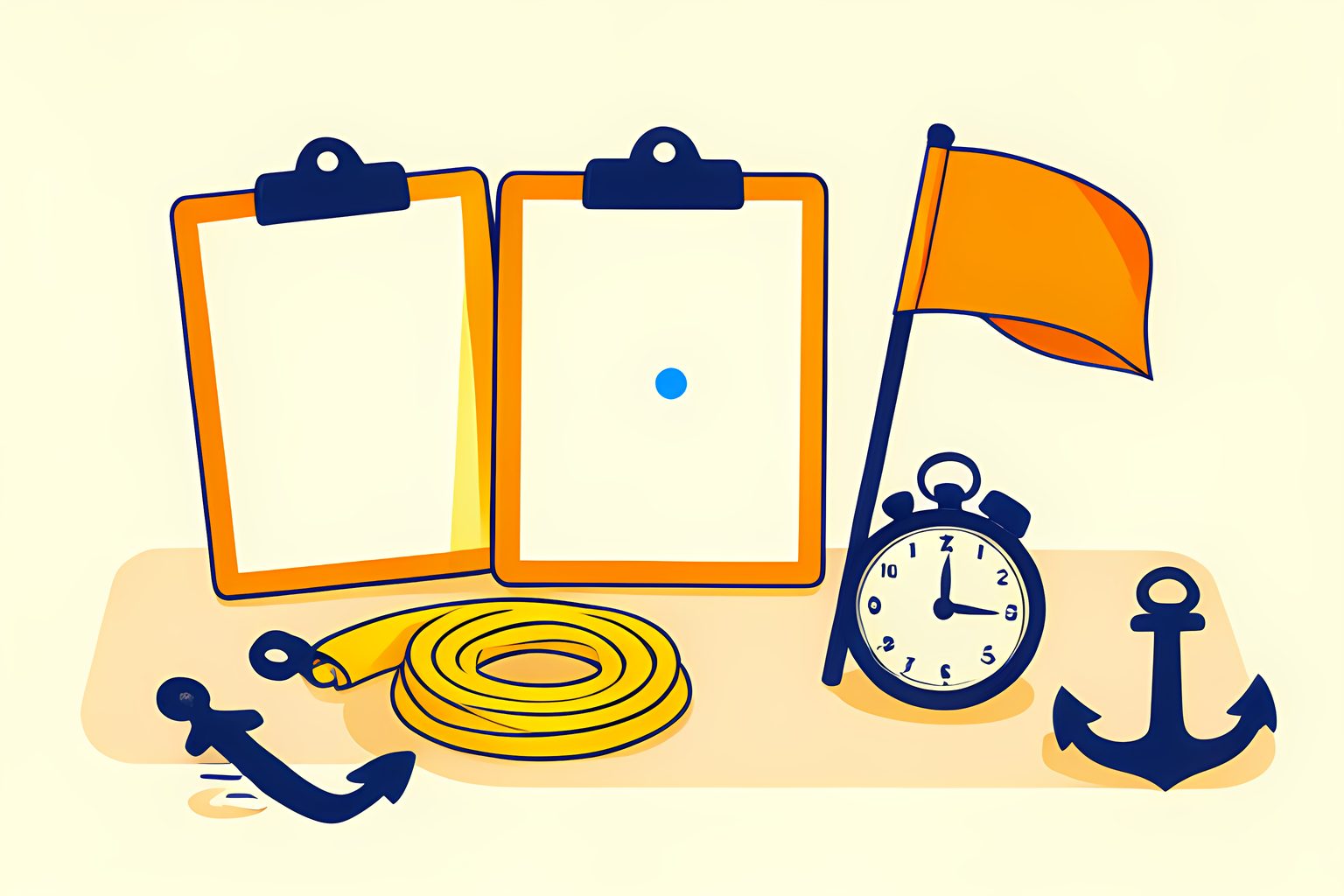 A bright, text-free, person-free still life of three blank pool-deck clipboards, a stopwatch, a folded lane rope and a small paper flag shaped like a swimming cap, all in warm morning light.