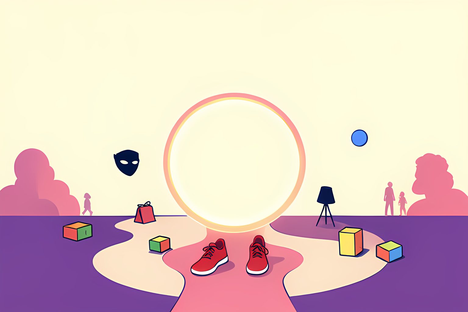A sunny game island plaza with a glowing portal, red running shoes, colorful blocks, a camp light and a small blue charm, with no people or words.