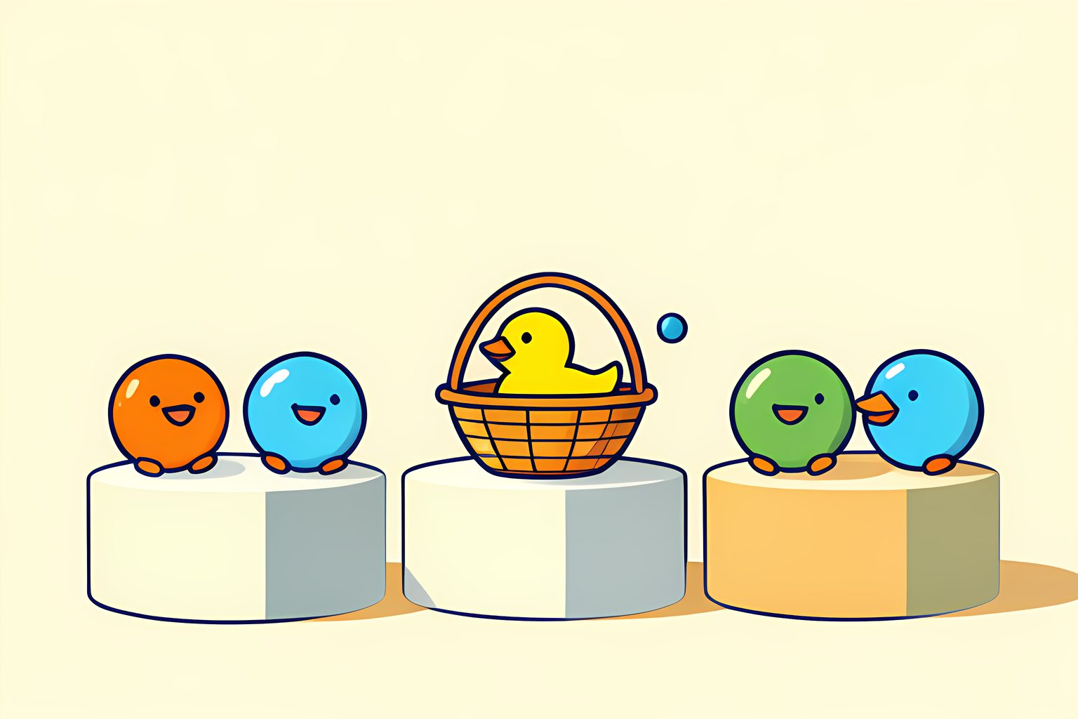 Five jewel-colored round creature charms arranged on small stands, with one duck-shaped charm tucked into a picnic basket and no people or words.