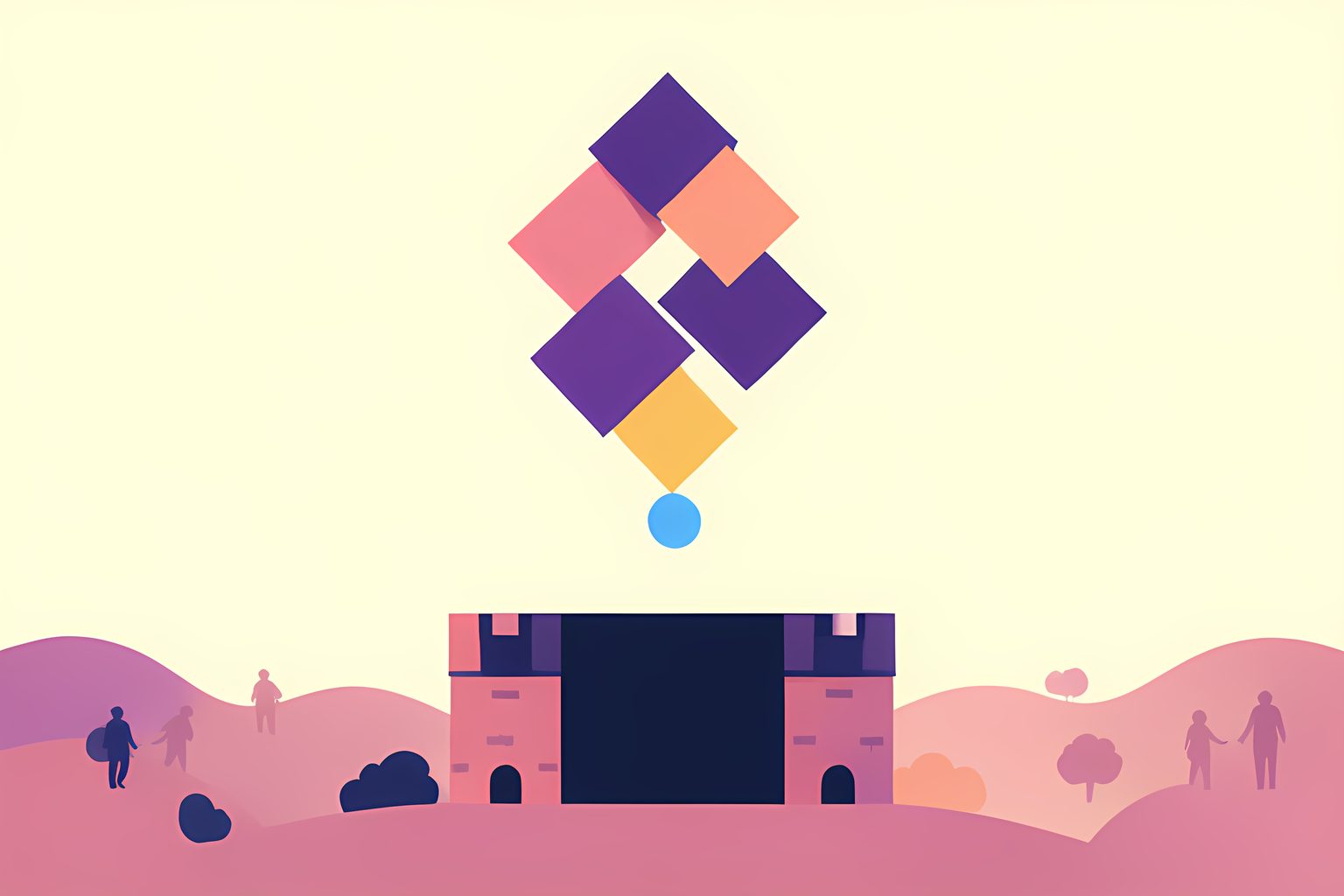 Colorful plain geometric blocks descending through a cream sky toward an open gap in a playful tabletop fort, with no people, lettering or logos.