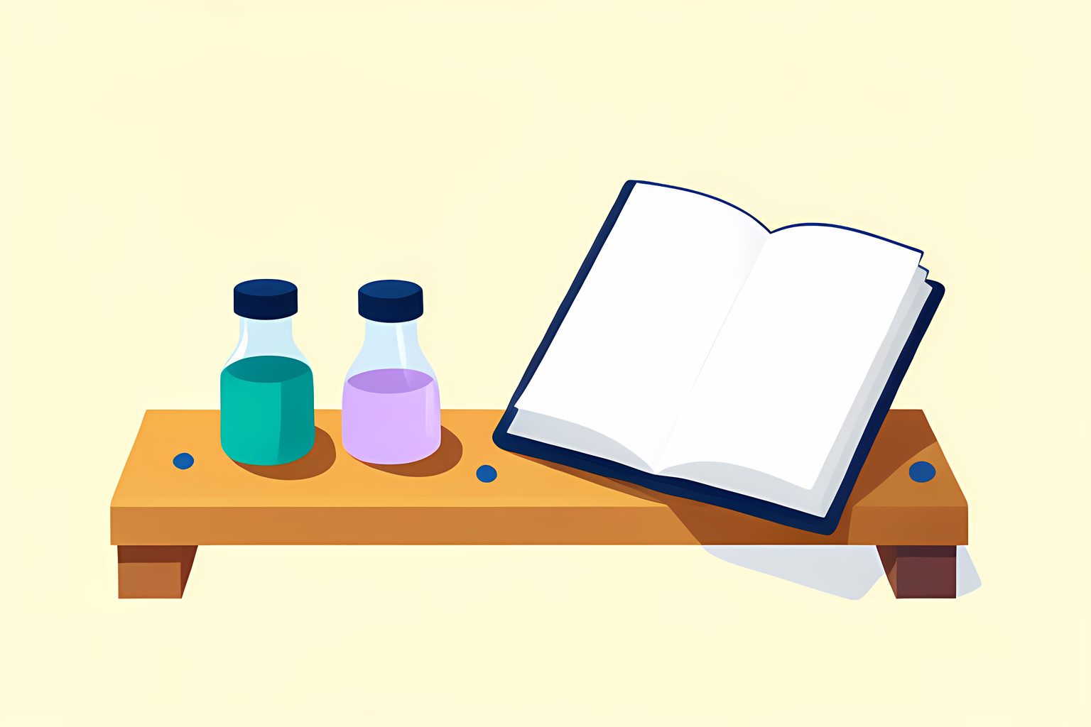Four neatly arranged botanical glass beakers and an open diagnostic ledger on a sun-drenched wooden desk.