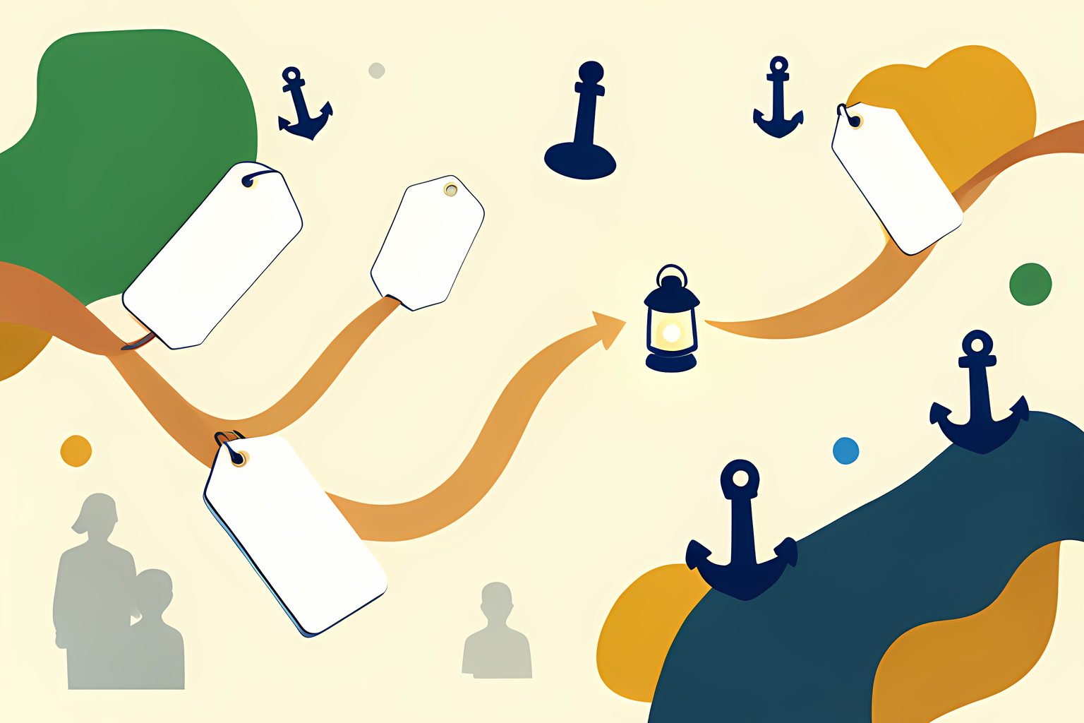 Stylized illustration of four blank route tags converging into a small glowing lantern on a warm cream field.