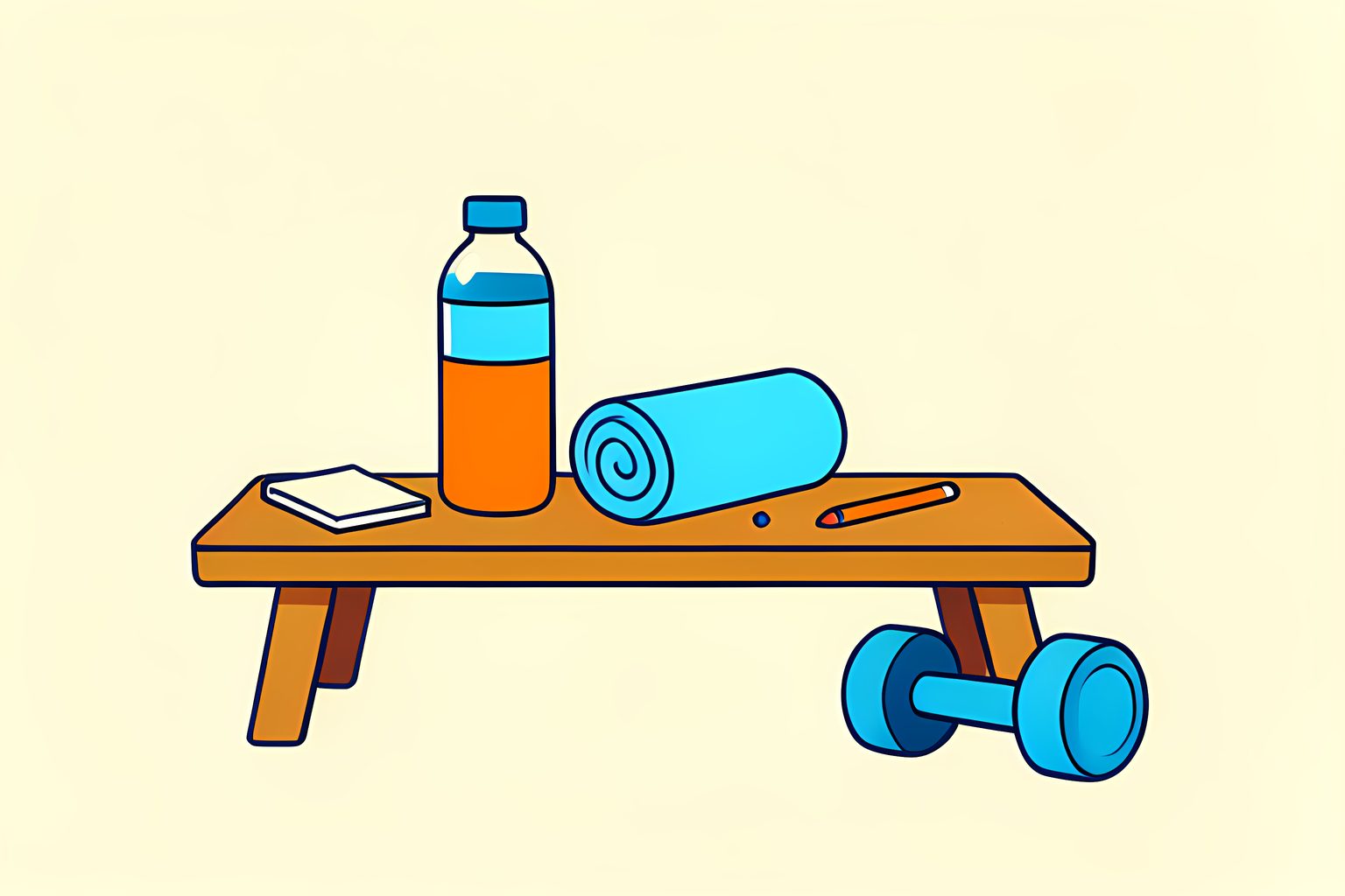 A single water bottle and a rolled towel resting on a wooden bench in an empty group fitness studio, with a small blank notebook and pencil beside them for logging a workout, in warm side light.