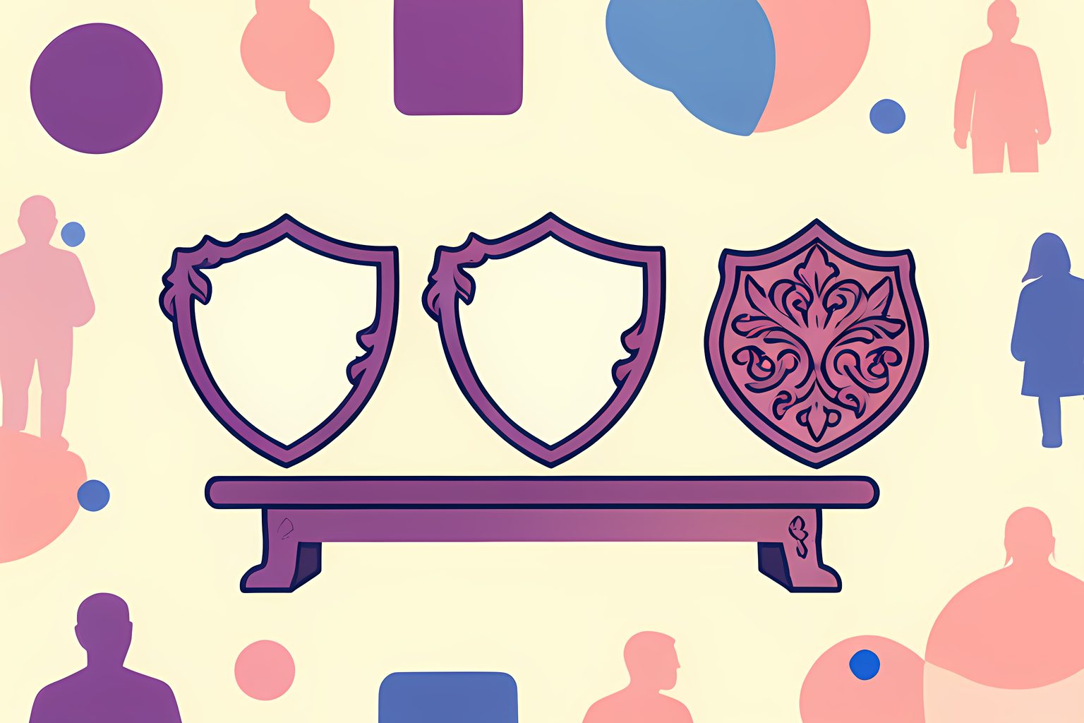 Four heraldic tournament banners hanging side by side against a warm limestone wall above carved wooden benches.