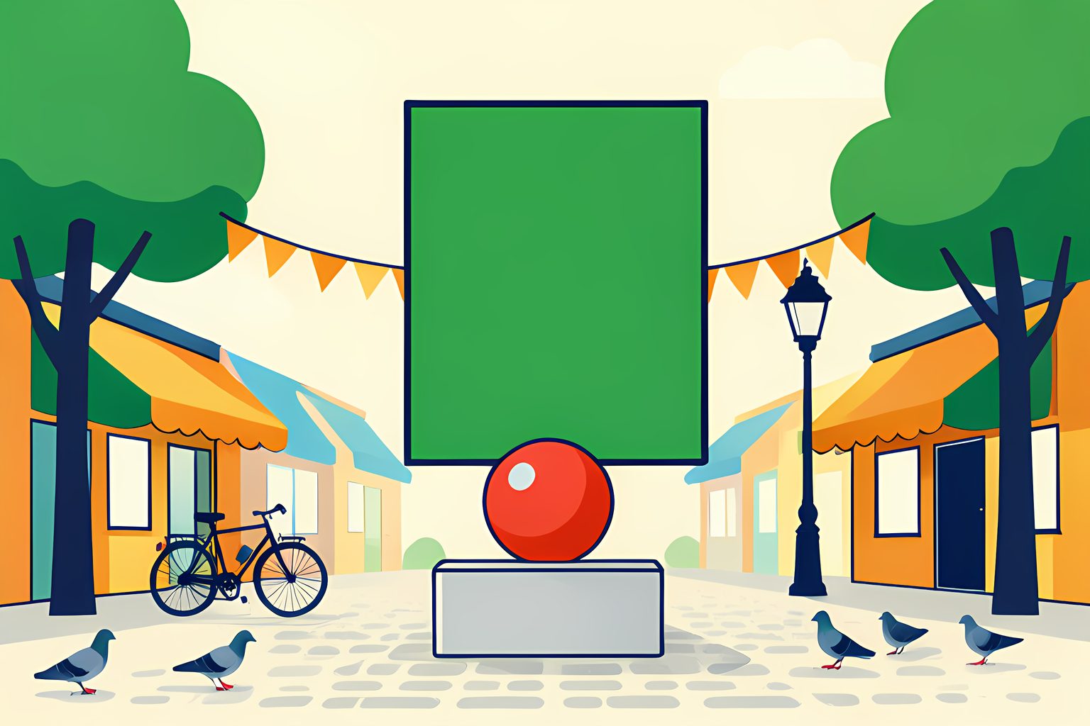 A sunny town square in the morning with a tall blank display board rising above small shops, a bright red ball resting on a plinth in front of it, bunting and trees around the square.