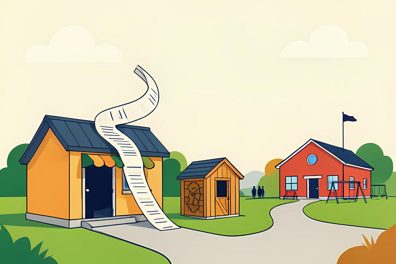A bright flat illustration of a small-town corner shop counter where a stream of blank paper tickets flows out the door and splits into four paths, the widest curling back toward the shop and the longest winding toward a distant schoolhouse under a big morning sky.