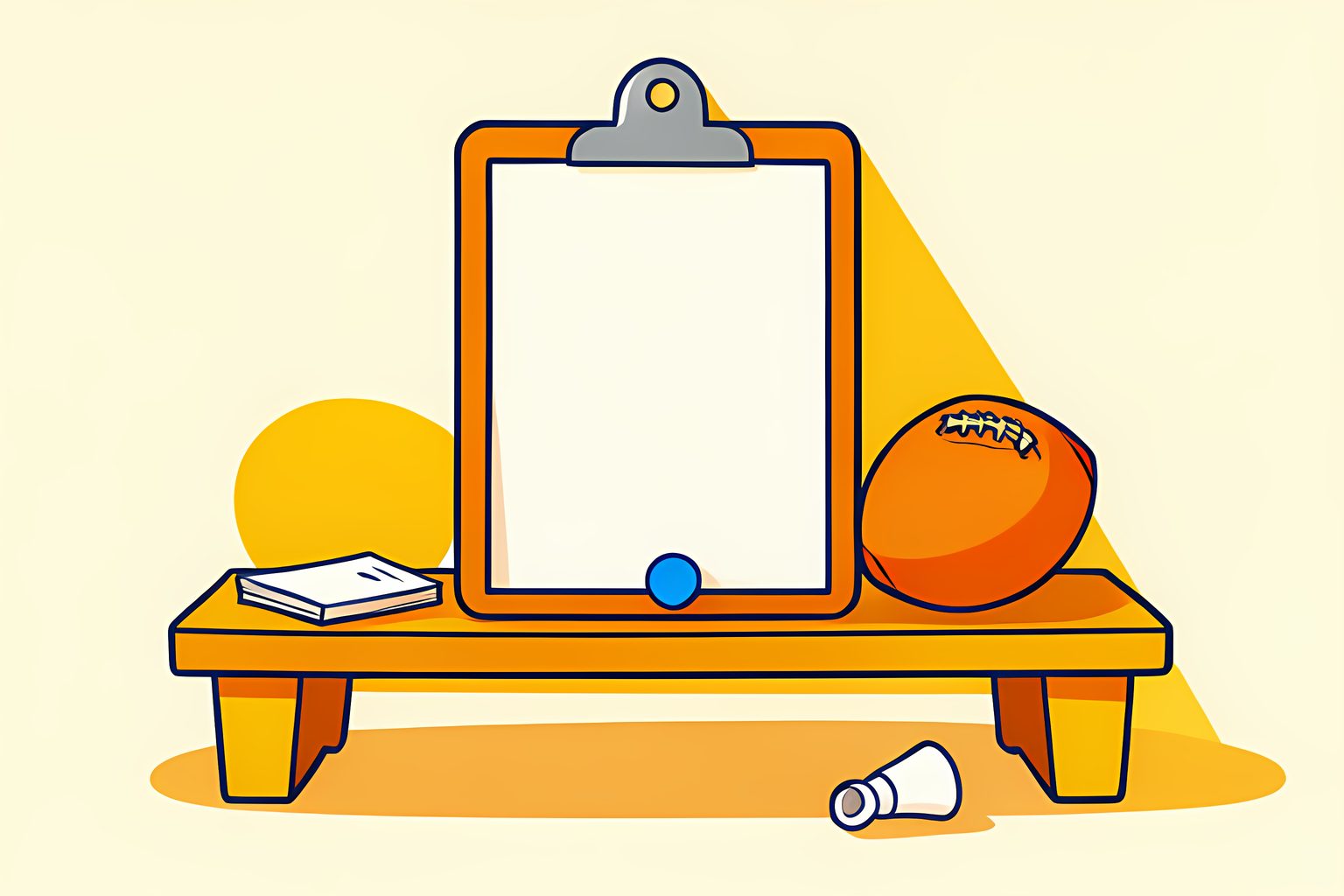 A clean wooden clipboard resting beside a pristine leather football and white yard line marker on a sunlit oak table with a small blue dot