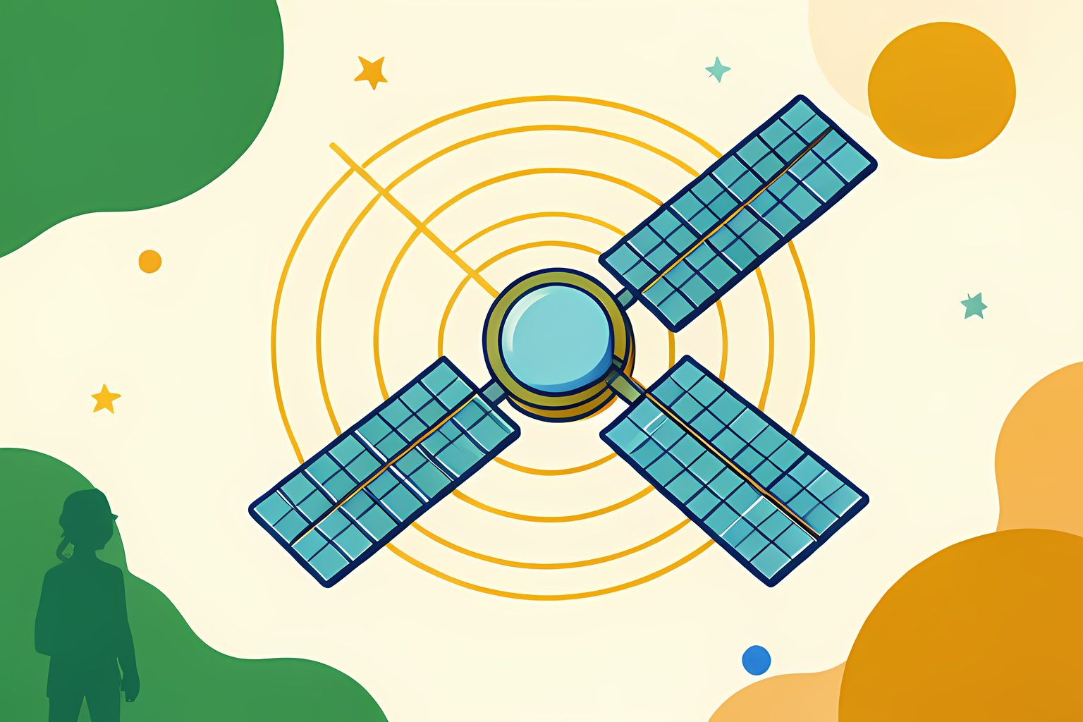 A bright geometric diagram showing a small solar satellite glowing with warm morning light alongside orbital solar vectors and a tiny blue dot