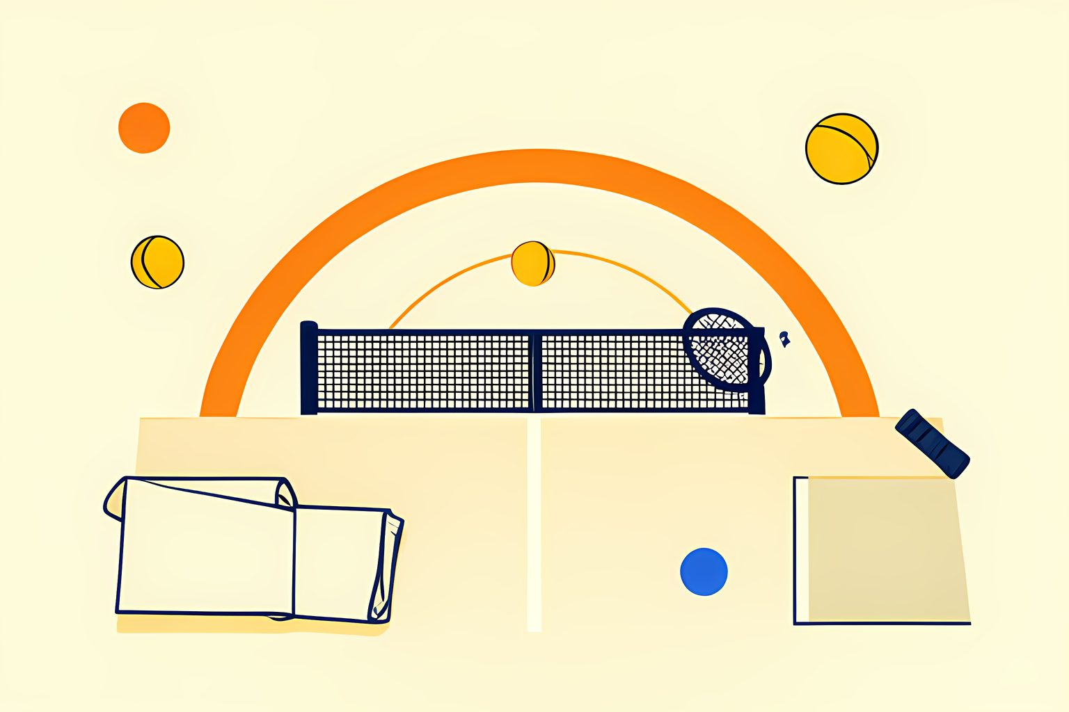 An abstract tennis court with a golden ball following a curved path from the baseline toward a small net, beside an unbranded racket.