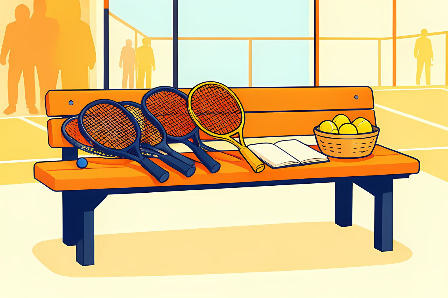 A row of unbranded tennis rackets in different sizes on a sunny court bench, with one small racket leaning toward a blank notebook and balls.