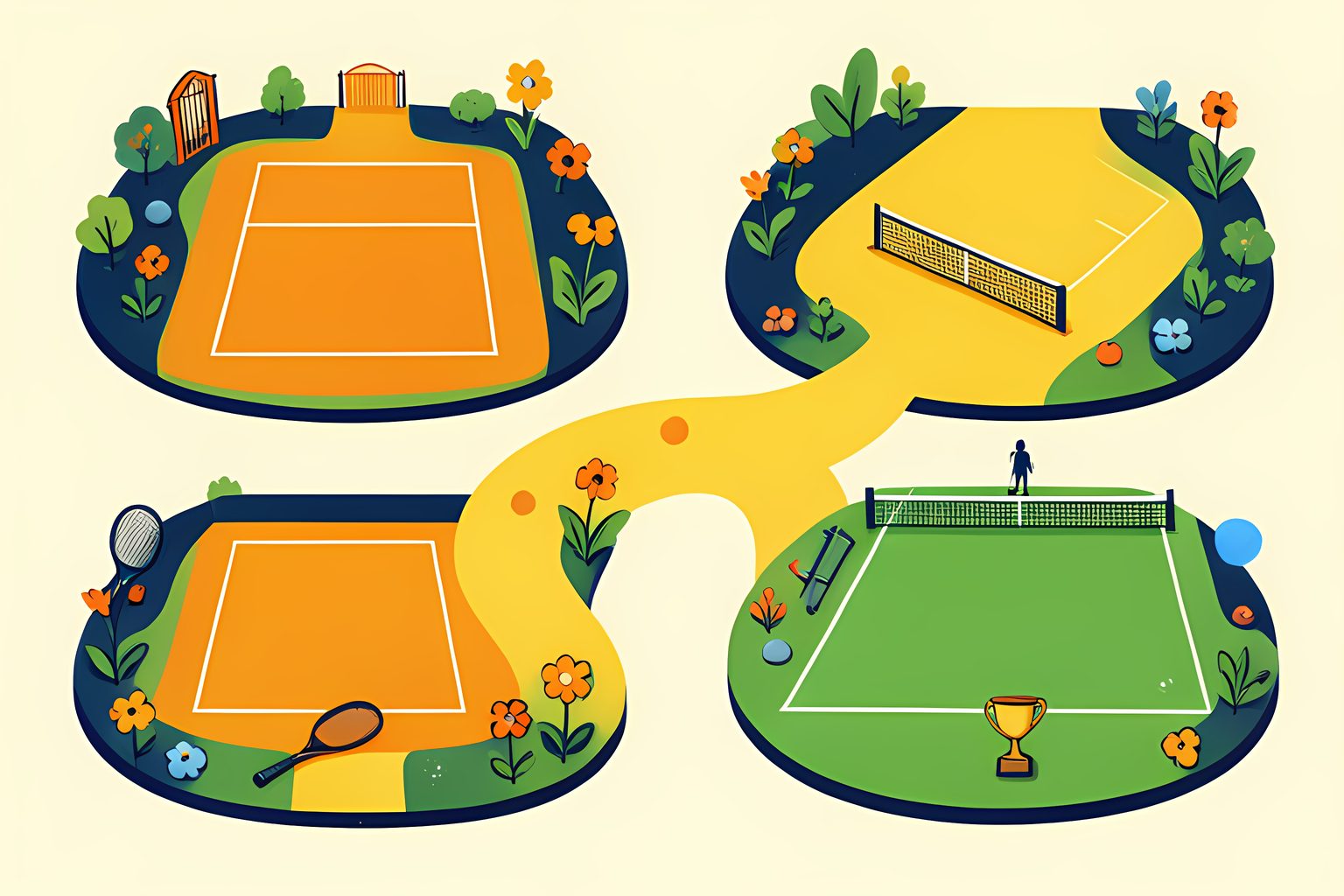 A stylized map of three small tennis courts with hard, clay and grass surfaces, linked by a golden ball path ending beside a plain trophy.