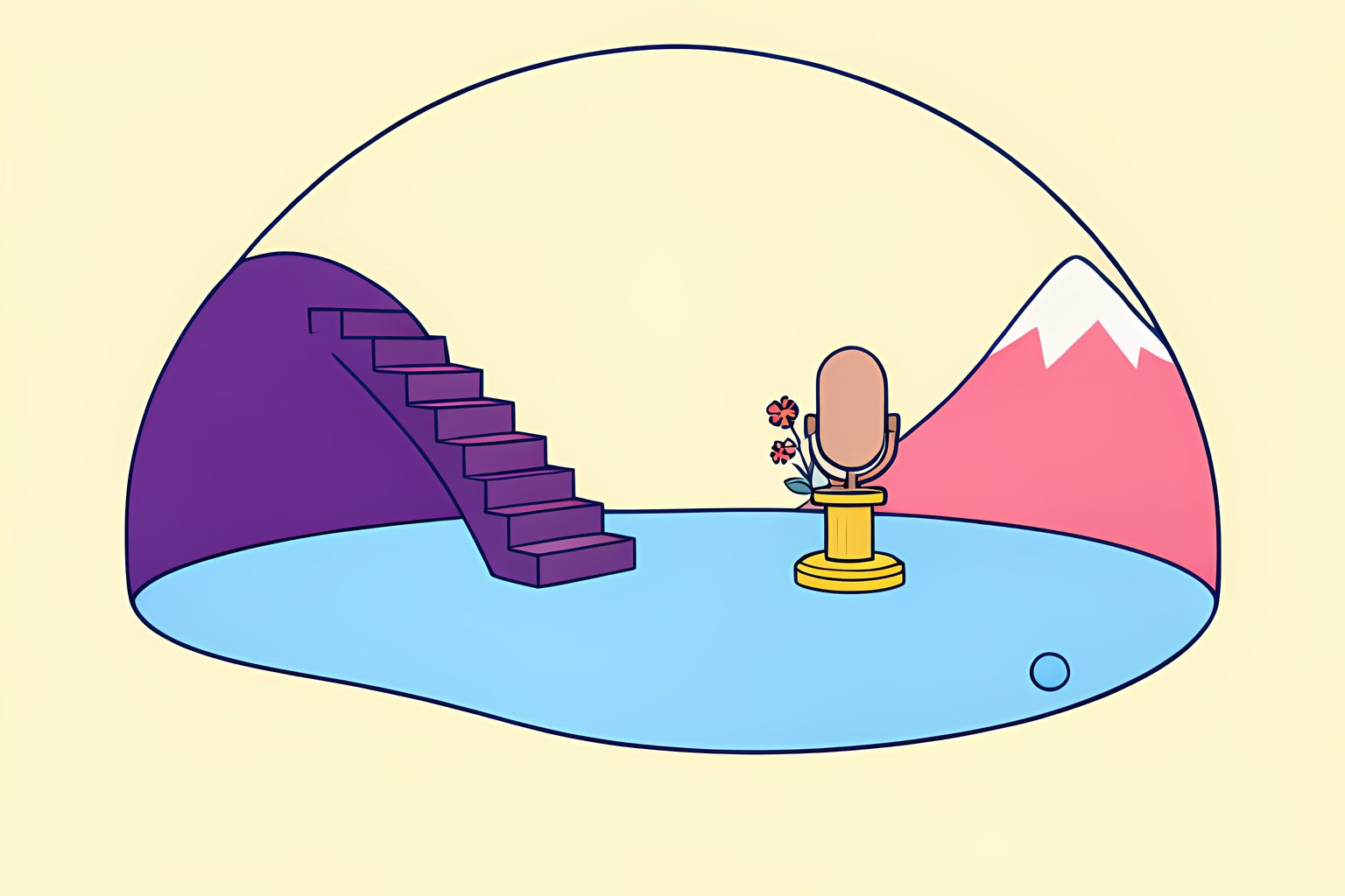 A stylized purple staircase and a gold lakeside plinth with small flowers, framed by a stadium arch and Alpine peaks.