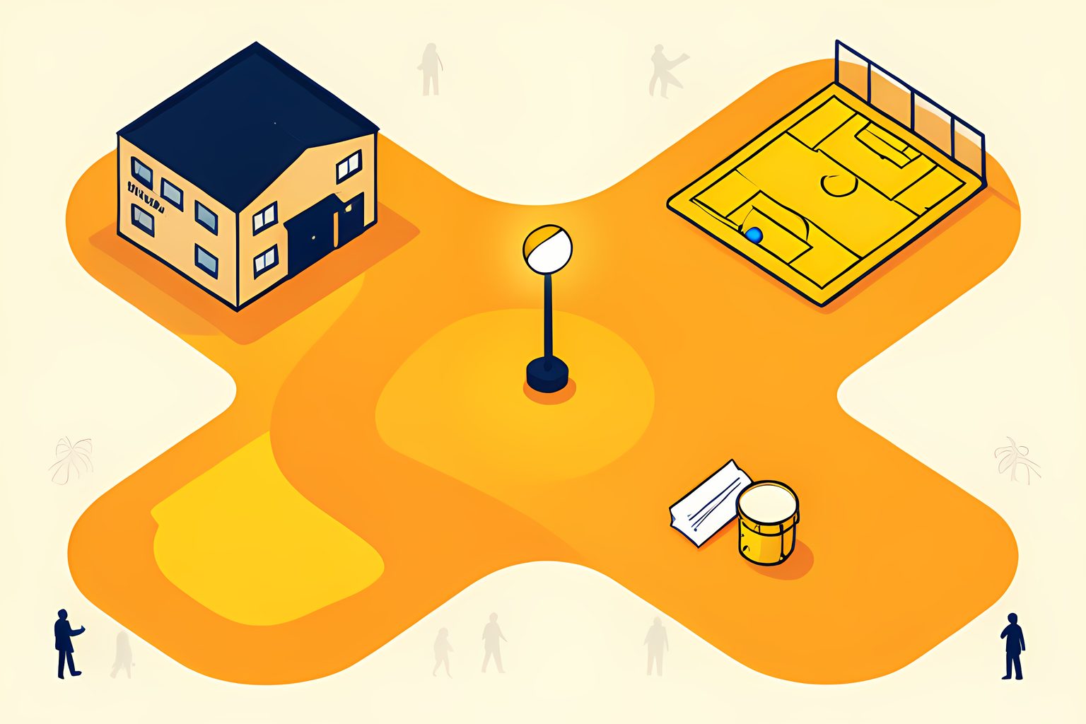 A text-free illustrated map showing a school field, a glowing stadium-light circle, a school building and a small town square joined by a winding path.