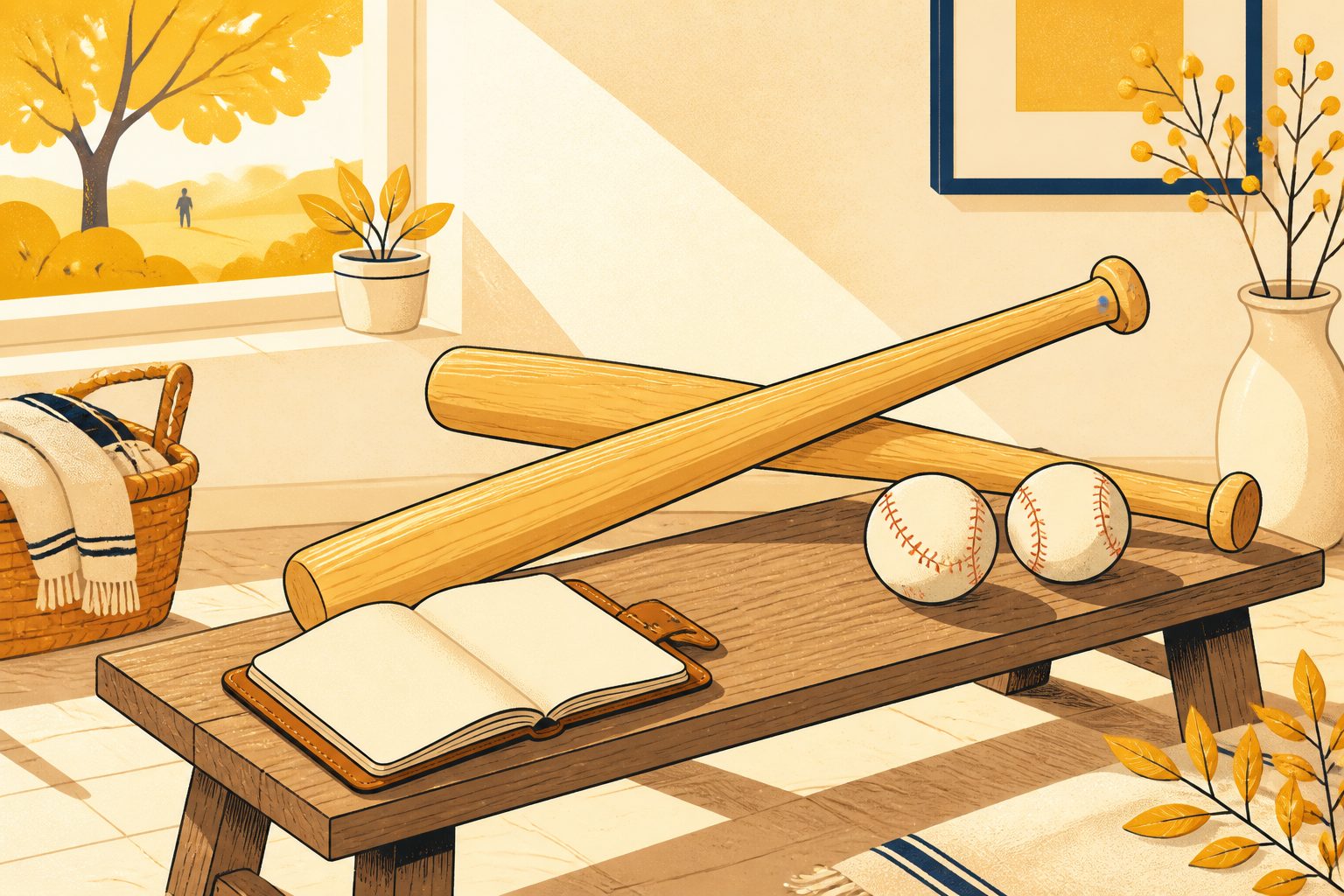 Two blank wooden baseball bats resting crossed over a low oak table in warm side light, with two baseballs glowing softly in golden morning daylight.