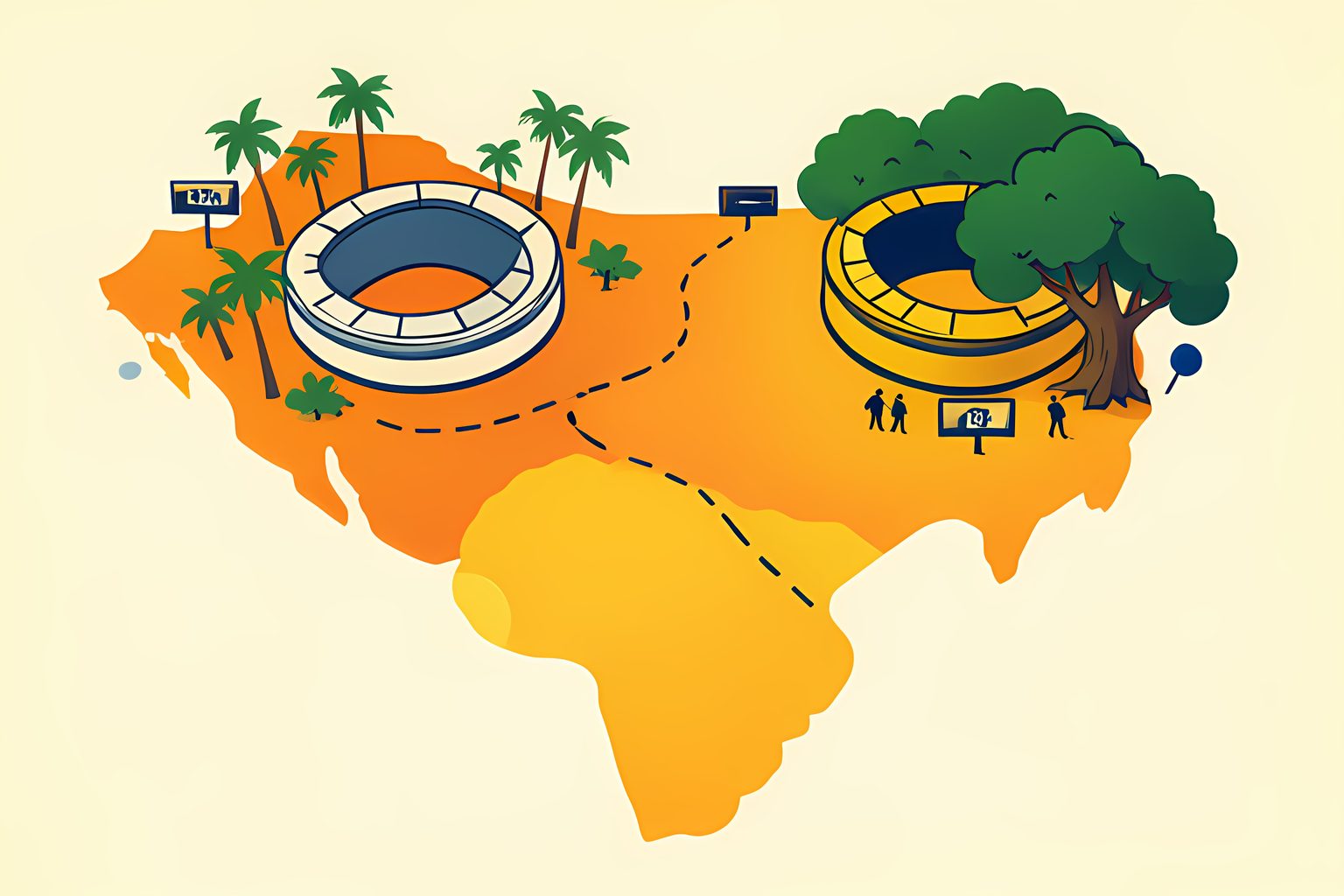 A warm illustrated map-like landscape with two stadium bowls, one under California palms and one under Georgia oaks, joined by a single dotted path.