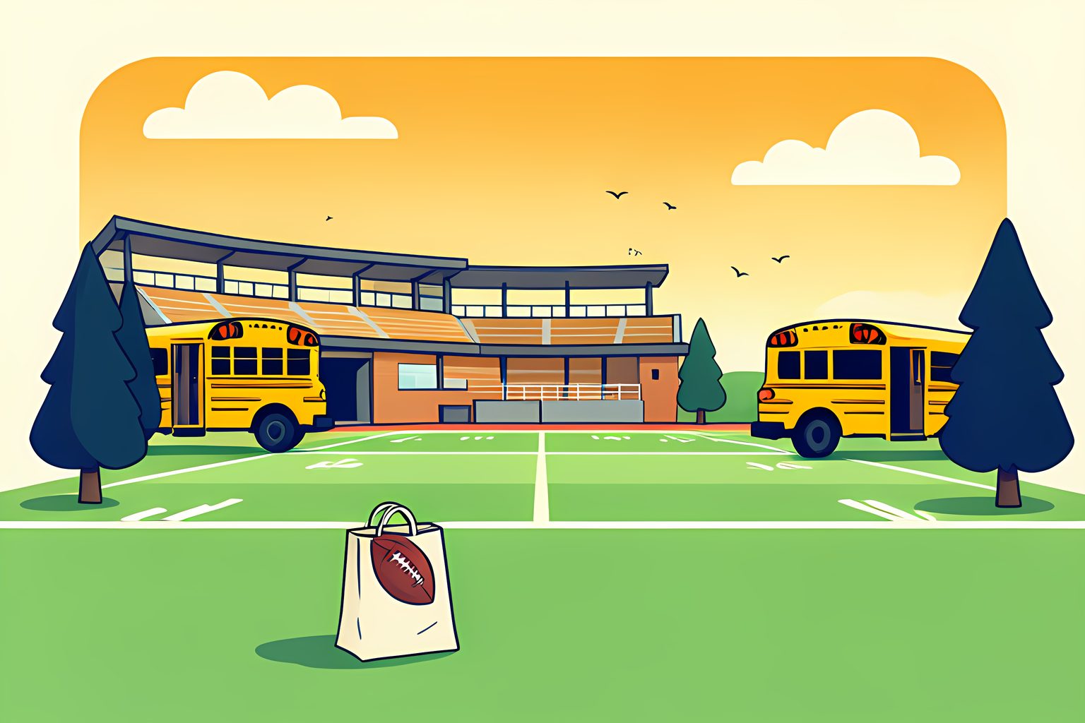 A sunny illustrated college football stadium at morning with two yellow school buses parked beside it and a single football resting on the grass.