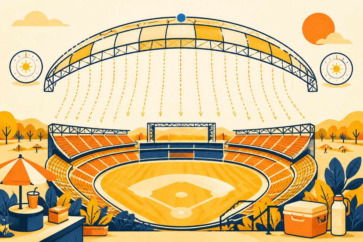 An architectural cross-section of a modern domed stadium roof with cool breeze lines flowing over a tranquil green diamond