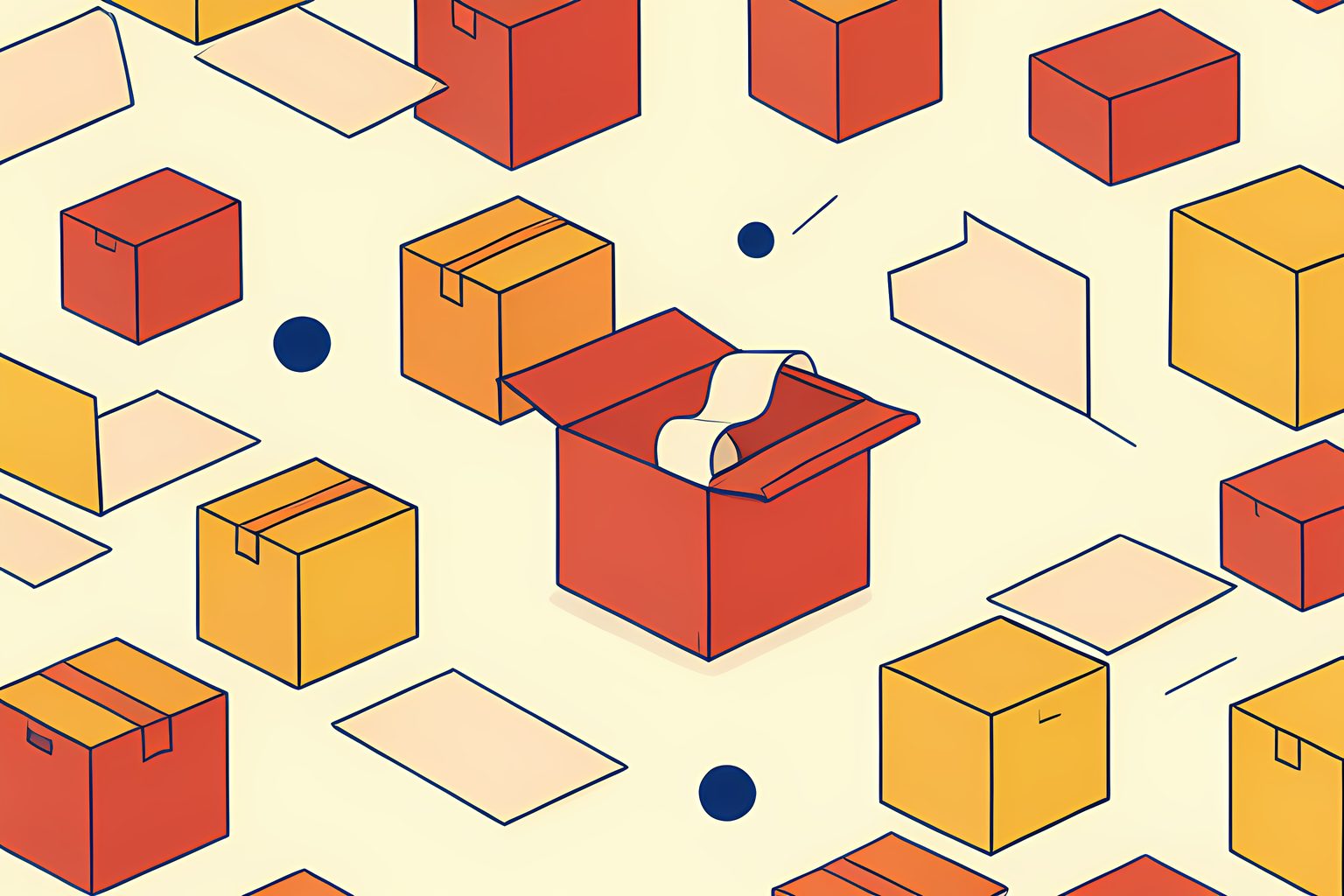 A neat pattern of blank shipping boxes and paper slips includes one open box with a curled blank return ribbon.