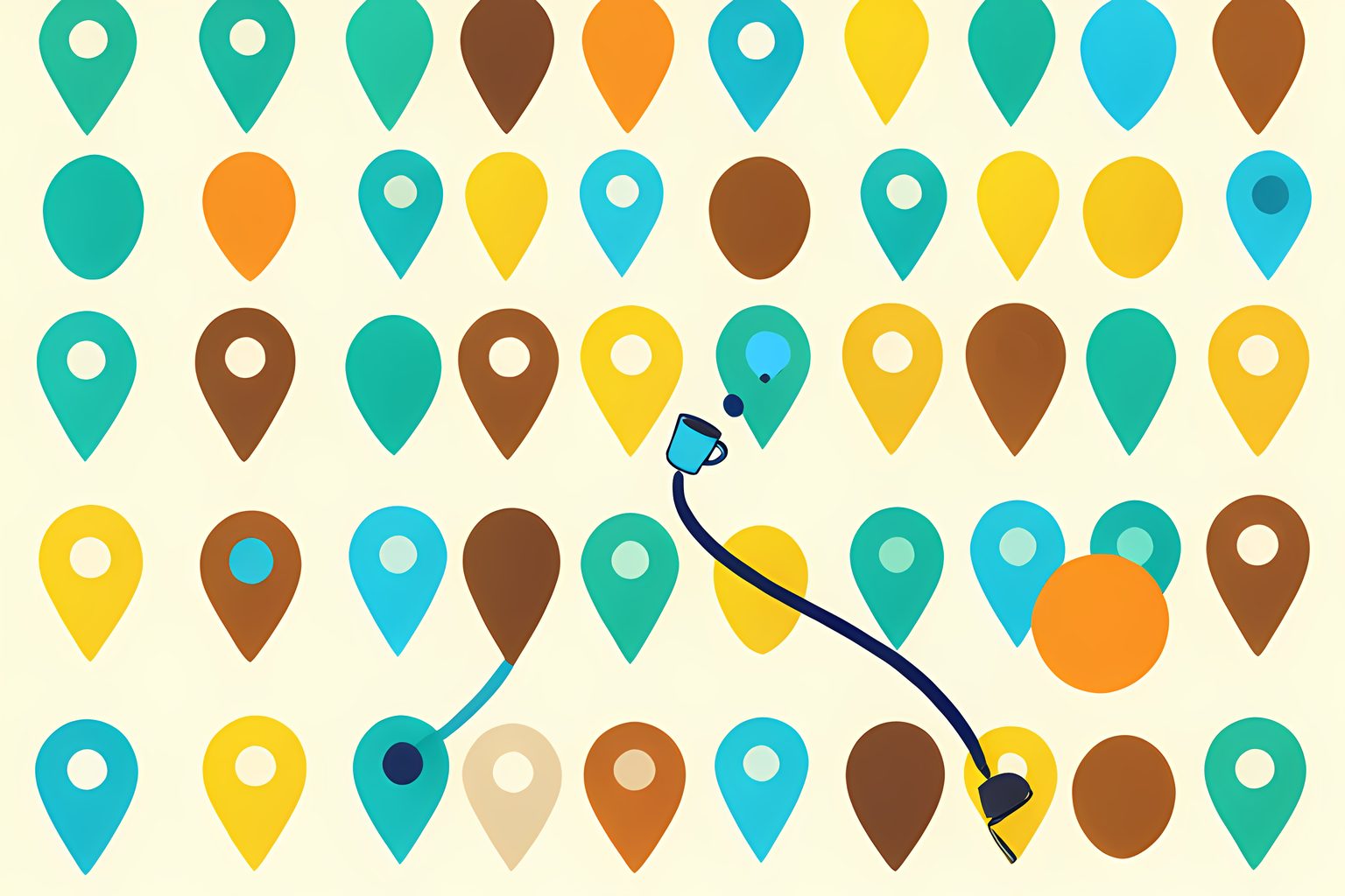 Bright pattern of unmarked map pins in alternating teal and gold, with one small coffee cup pin moving along a curved route toward a sunny orange circle.