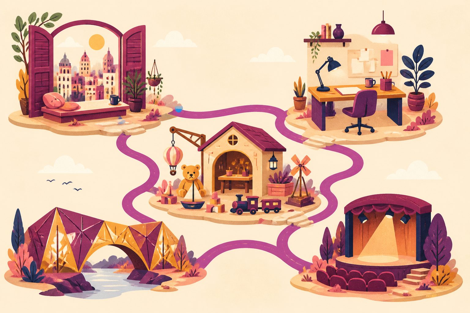 A warm, label-free map of five small cinematic islands joined by a winding plum path and a tiny gold spotlight.